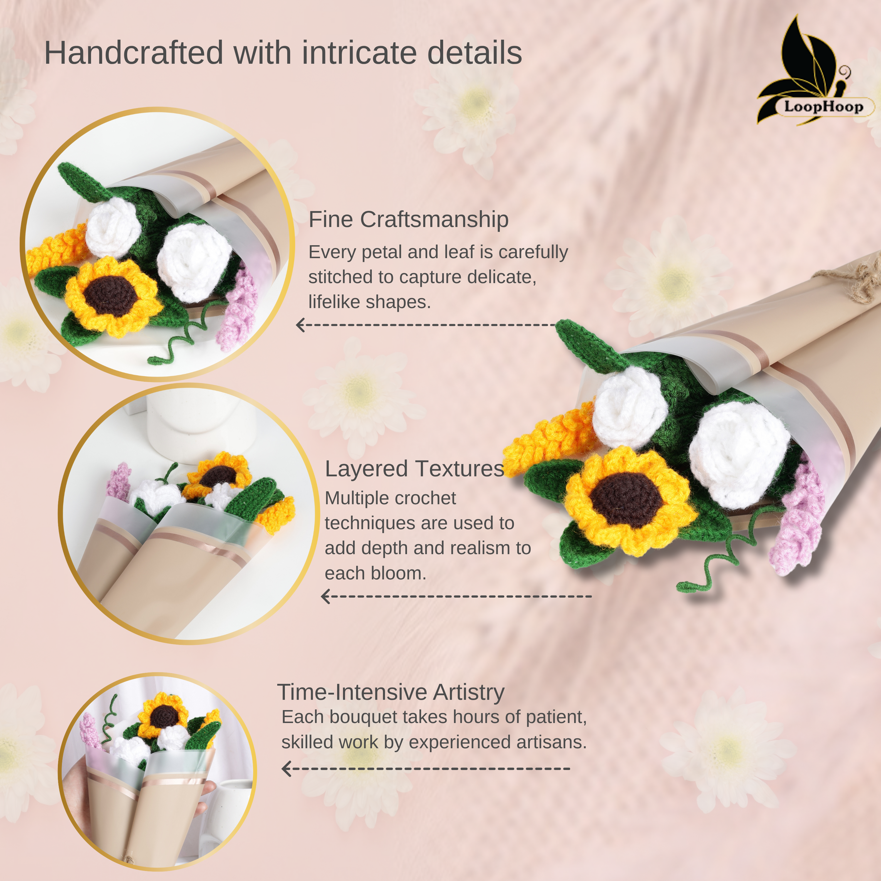 Crochet Handmade White  Rose And Lavender  Bouquet- 5 steam