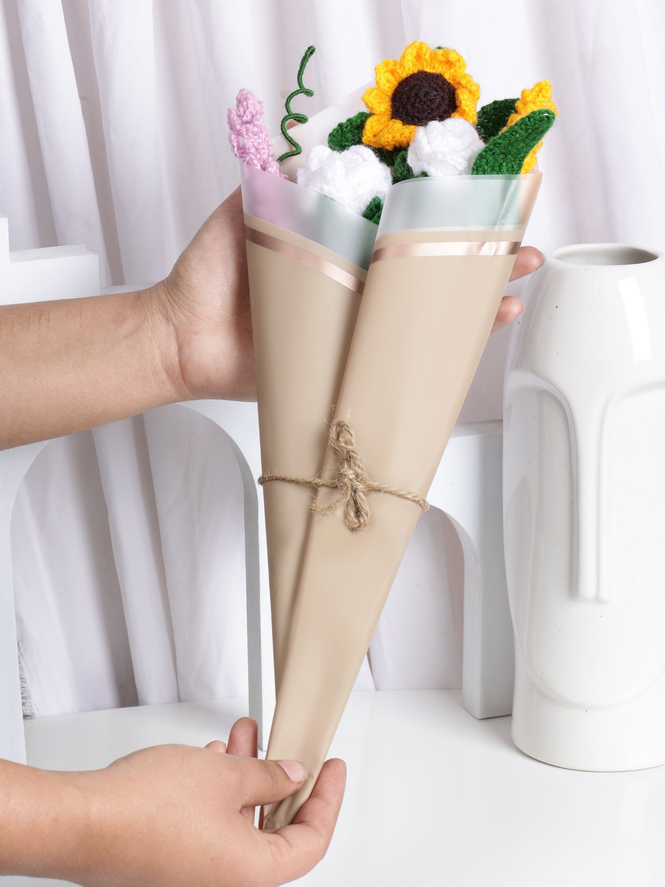 Crochet Handmade White  Rose And Lavender  Bouquet- 5 steam