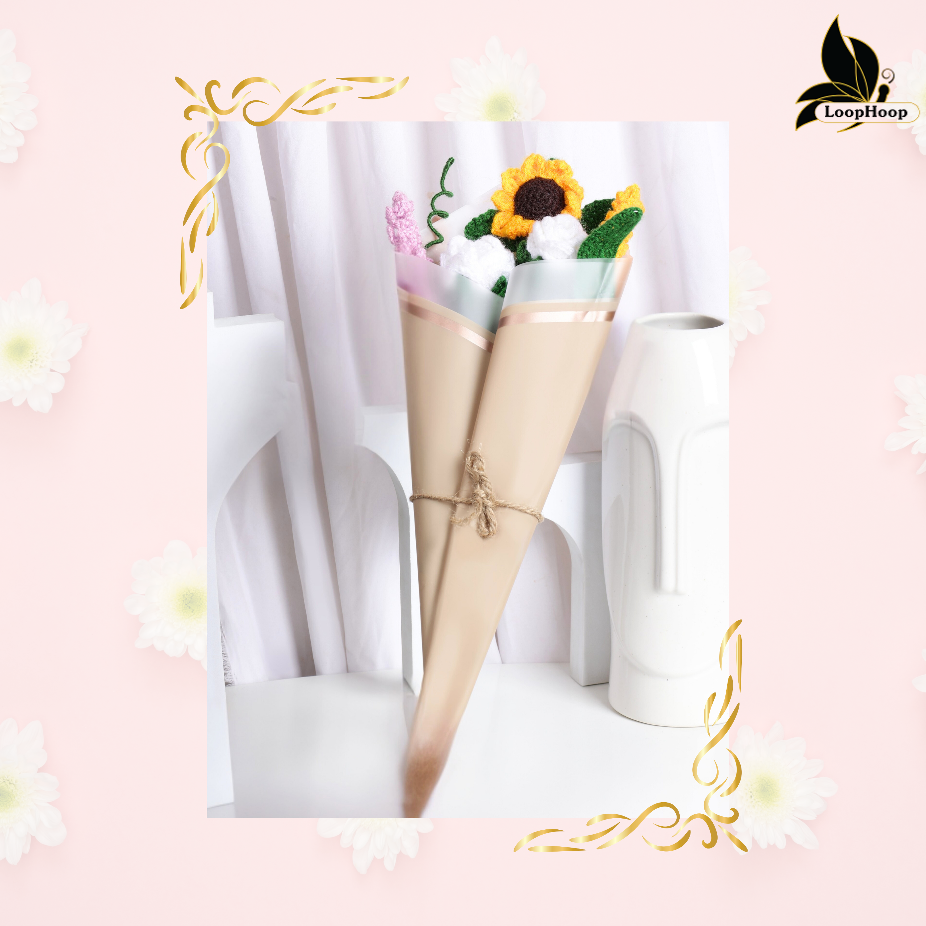 Crochet Handmade White  Rose And Lavender  Bouquet- 5 steam