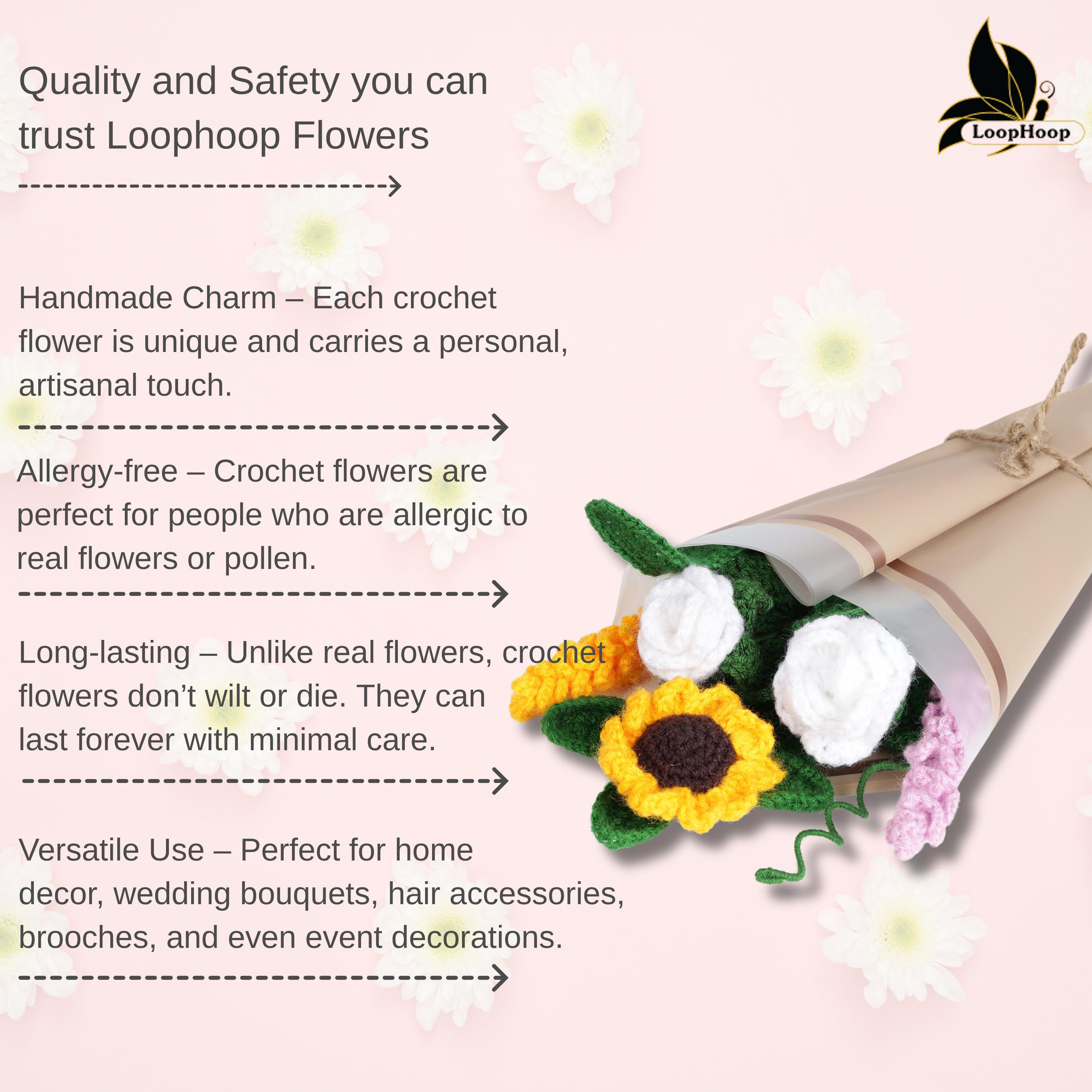 Crochet Handmade White  Rose And Lavender  Bouquet- 5 steam