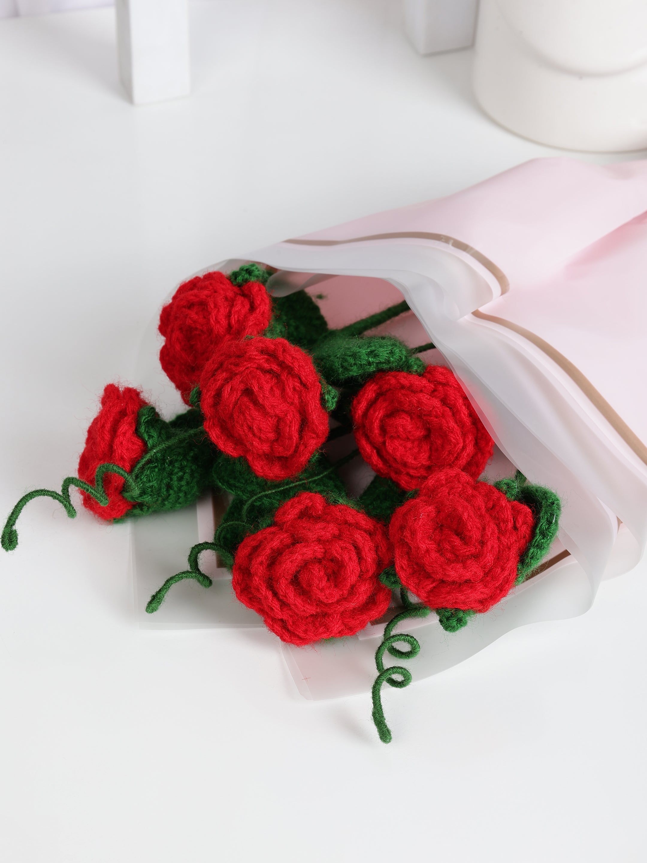 Crochet Handmade Red Rose - 6 steam