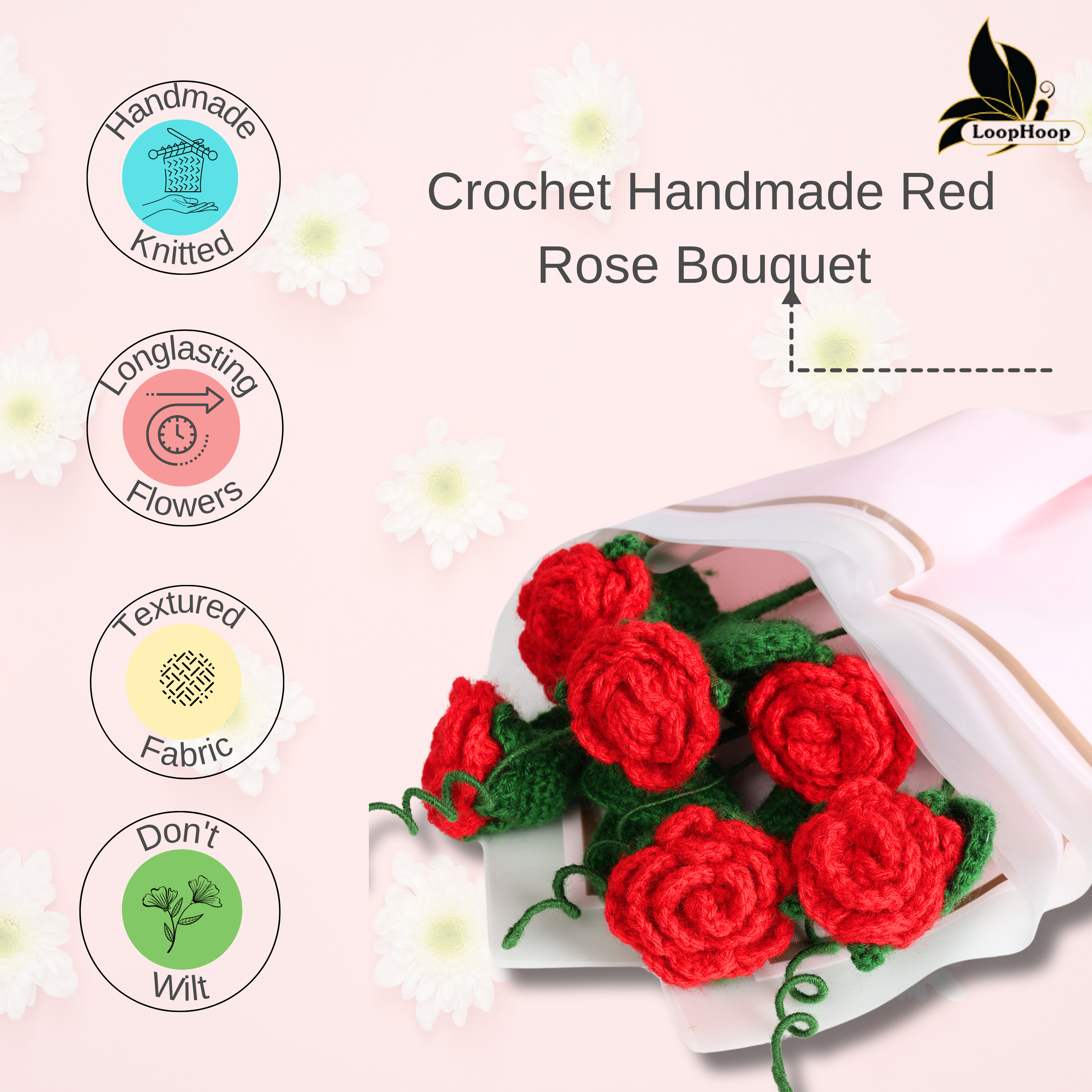 Crochet Handmade Red Rose - 6 steam