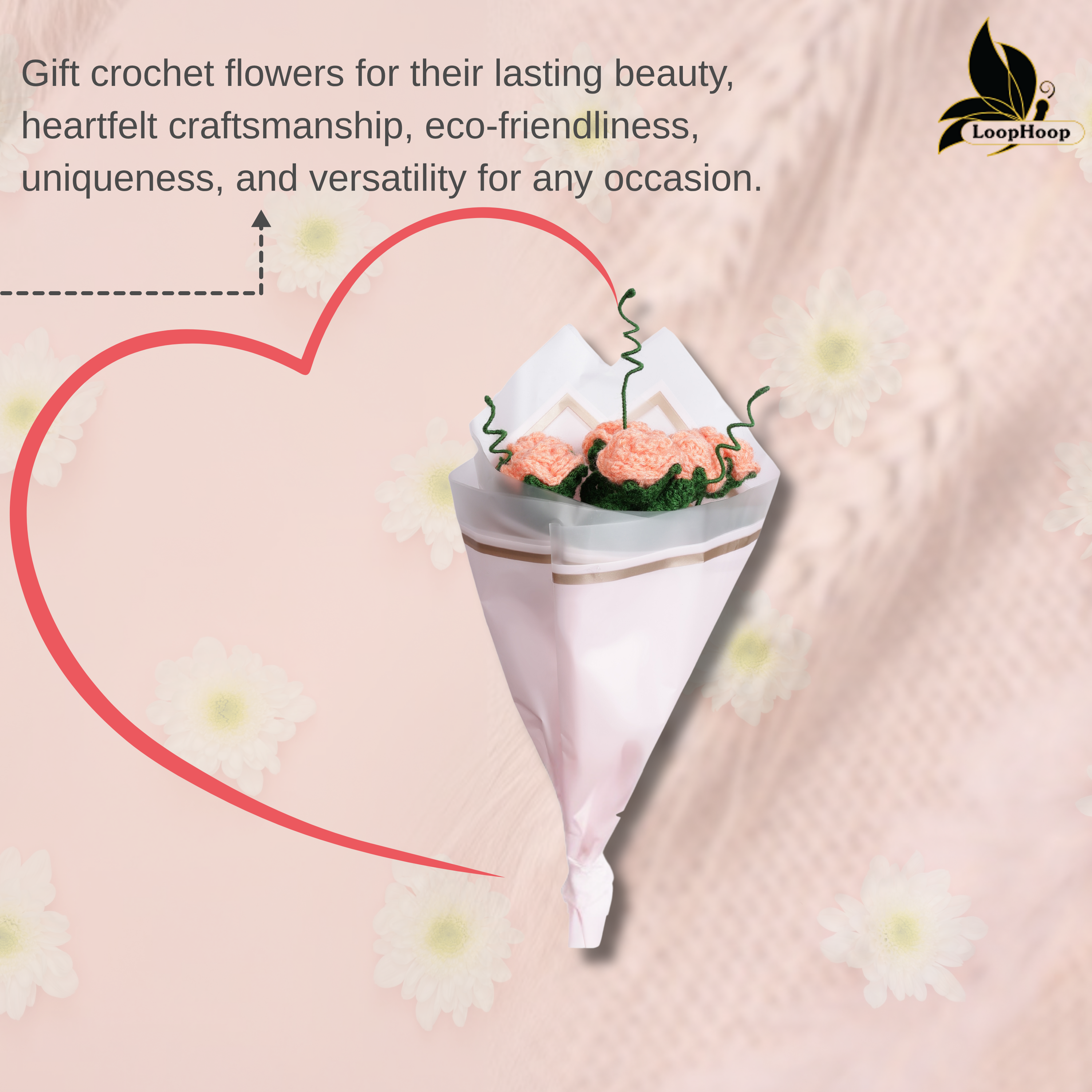 Crochet Handmade Peach Rose Bouquet- 6 steam