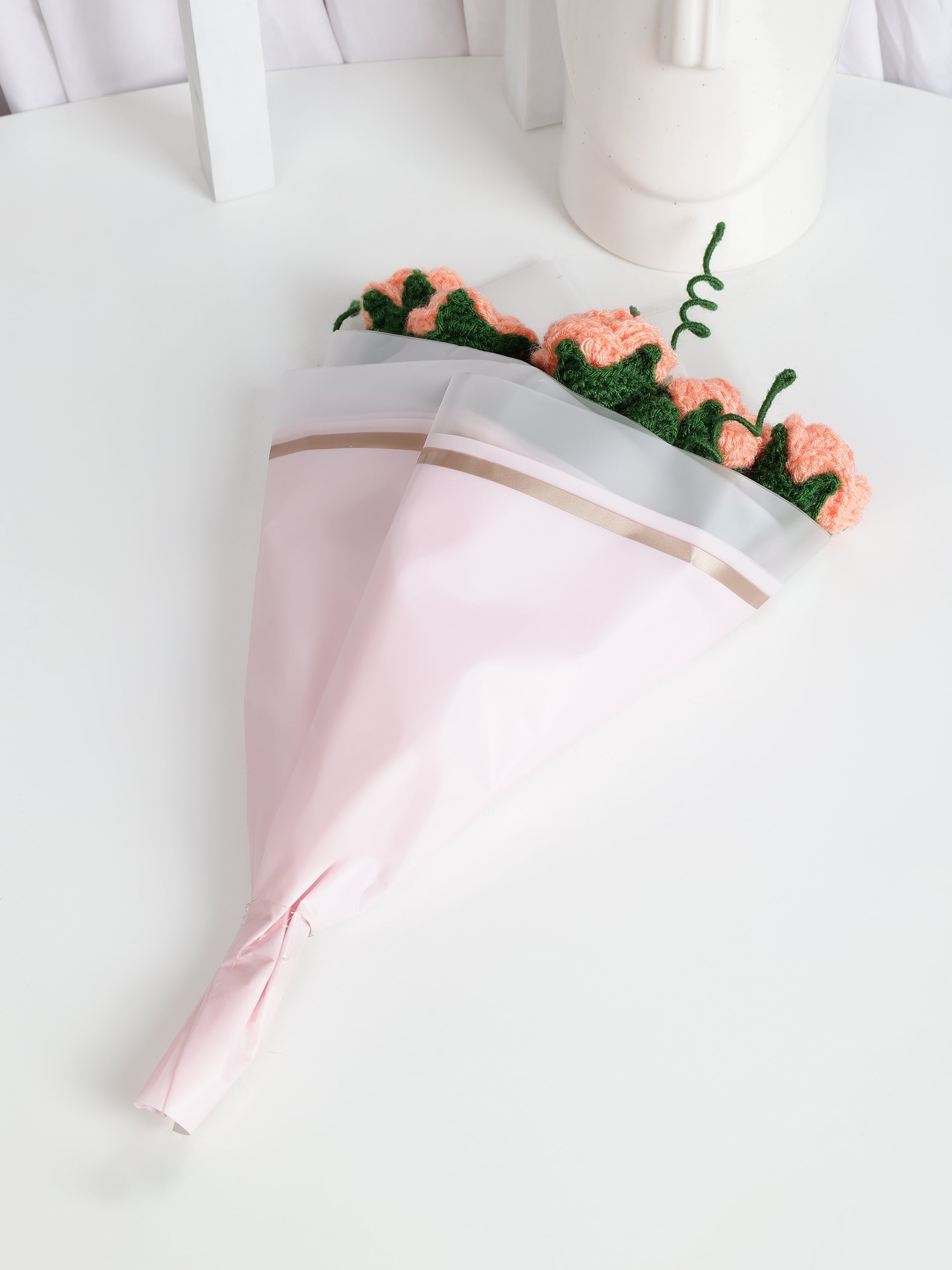 Crochet Handmade Peach Rose Bouquet- 6 steam