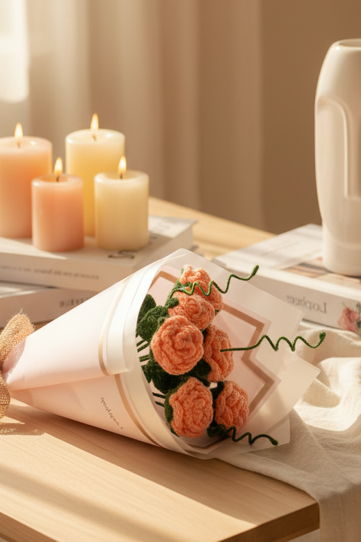 Crochet Handmade Peach Rose Bouquet- 6 steam