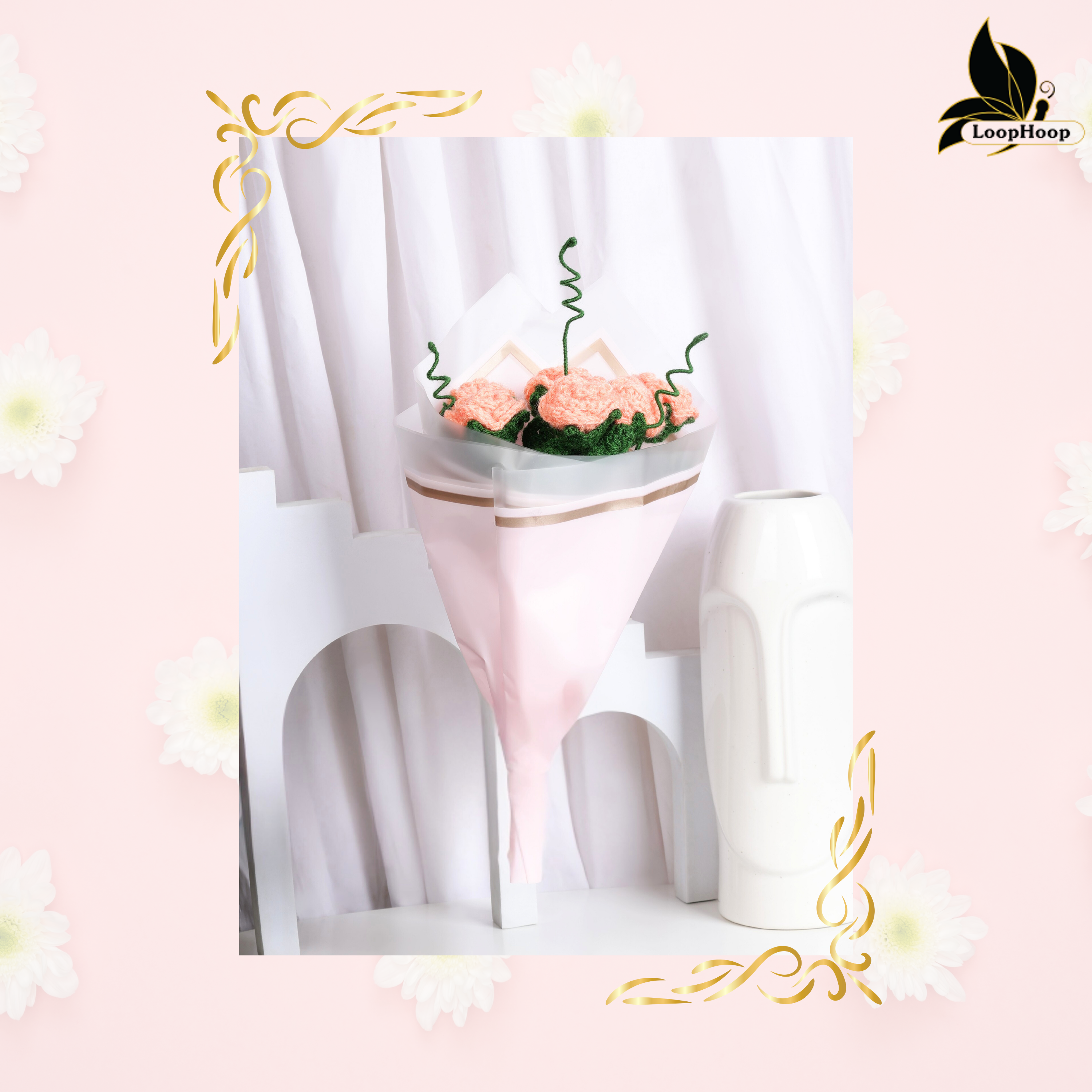 Crochet Handmade Peach Rose Bouquet- 6 steam