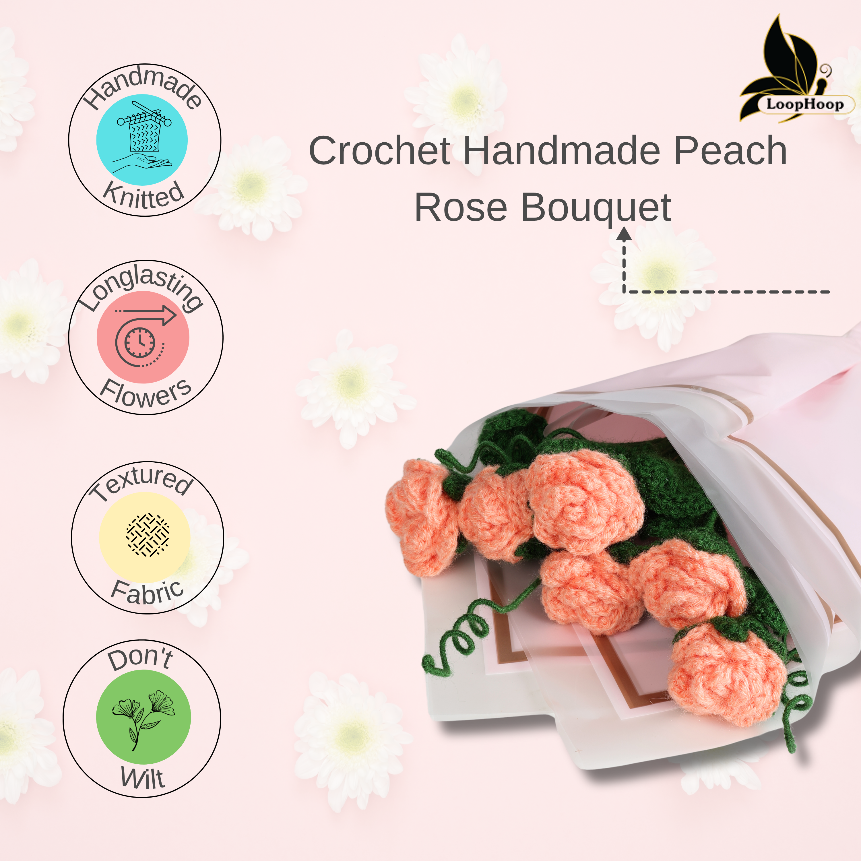 Crochet Handmade Peach Rose Bouquet- 6 steam
