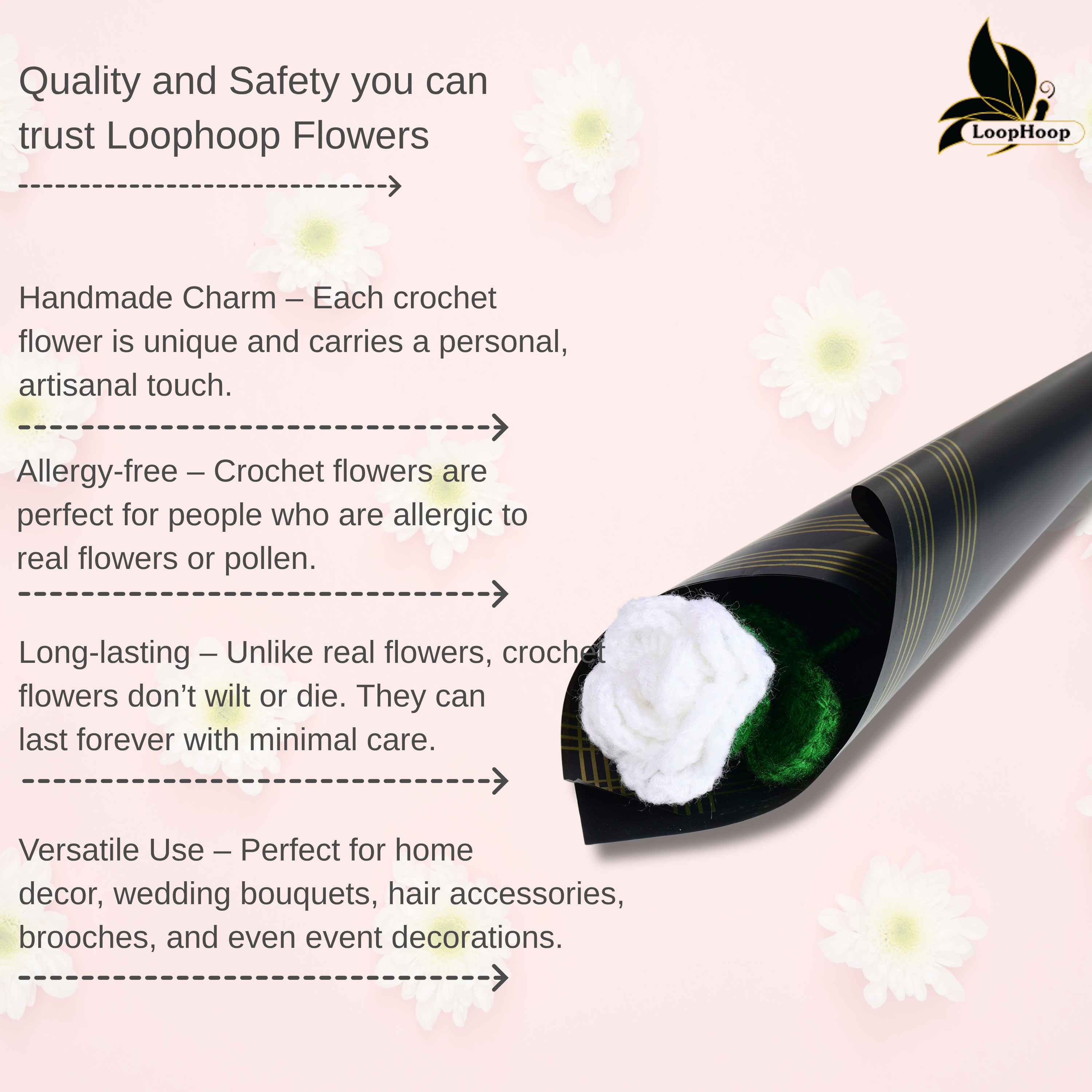 Crochet Handmade White Rose - 1 steam