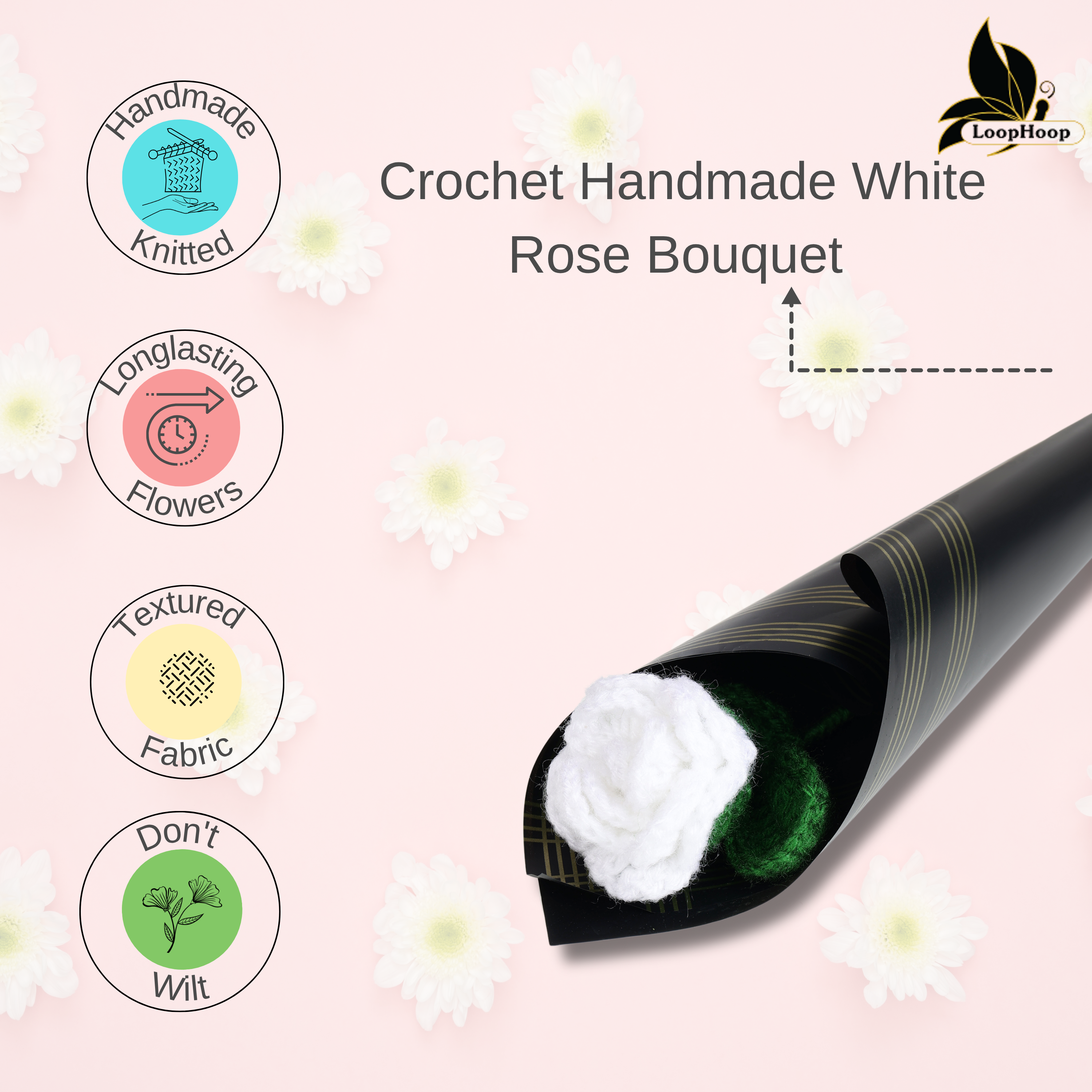 Crochet Handmade White Rose - 1 steam