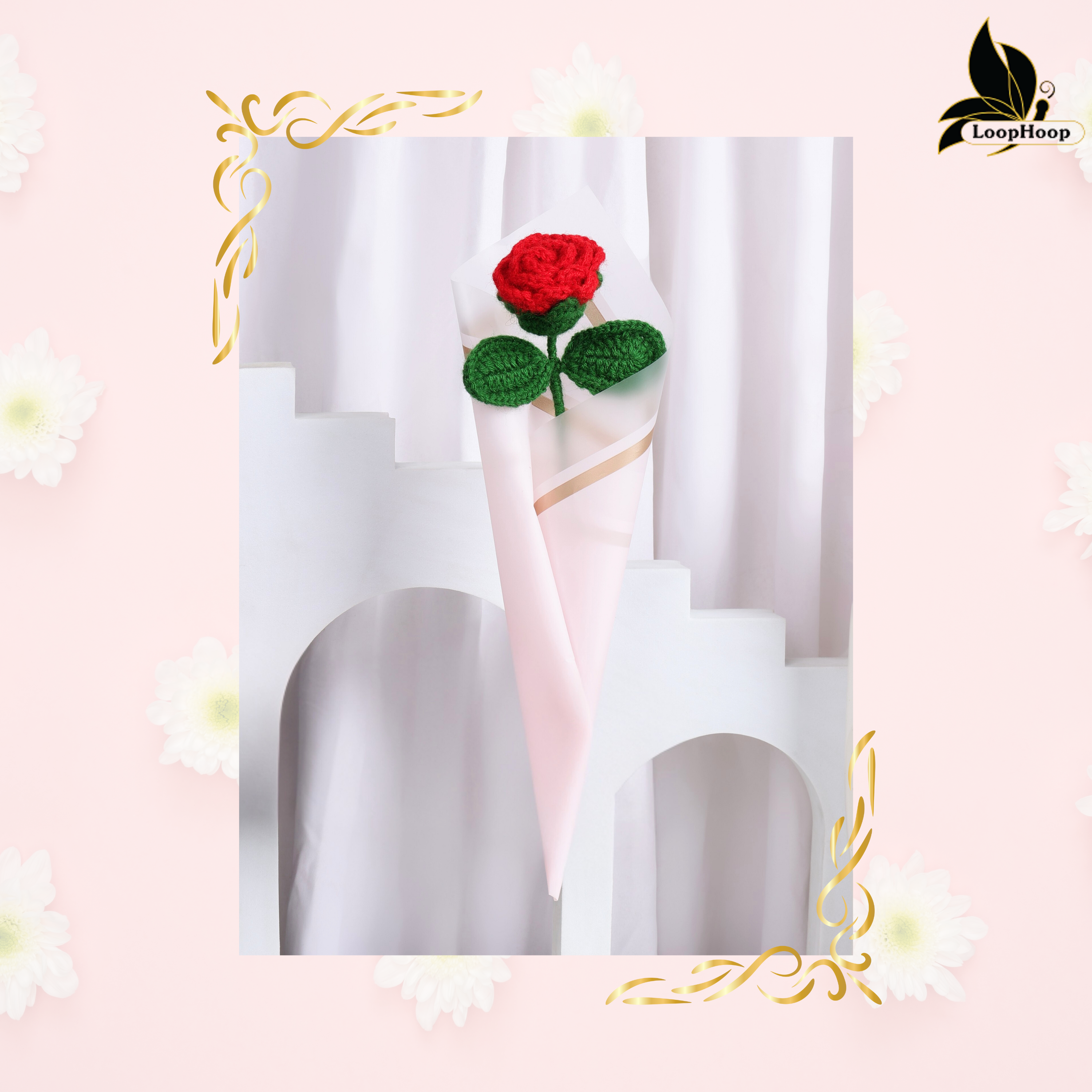 Crochet Handmade Red Rose Bouquet- 1 steam