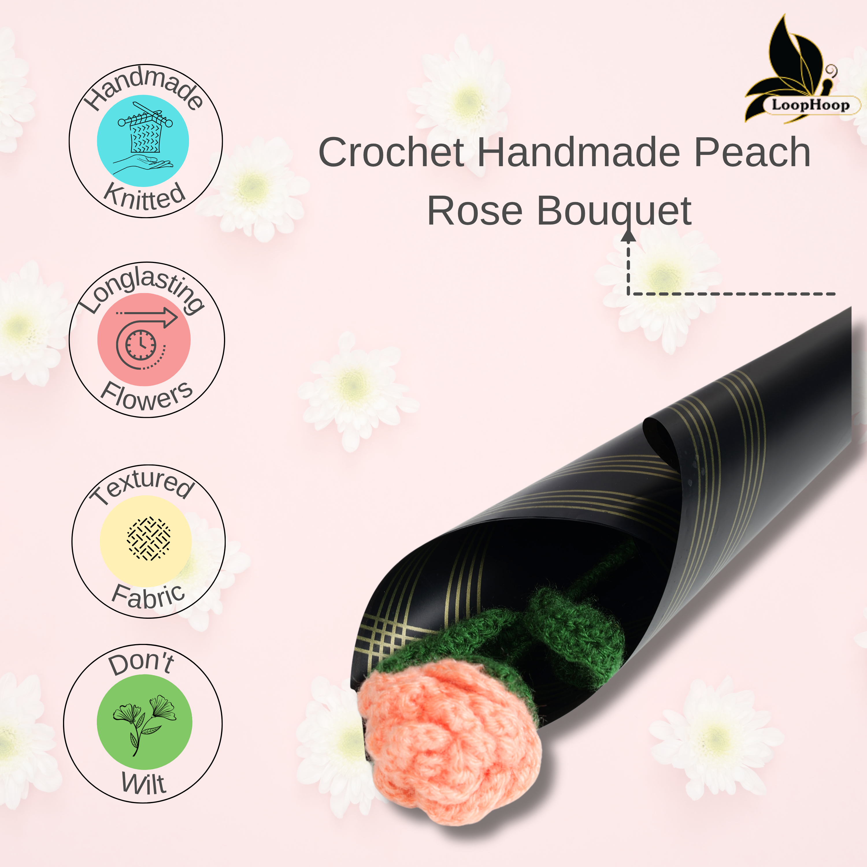 Crochet Handmade Peach Rose Bouquet- 1 steam