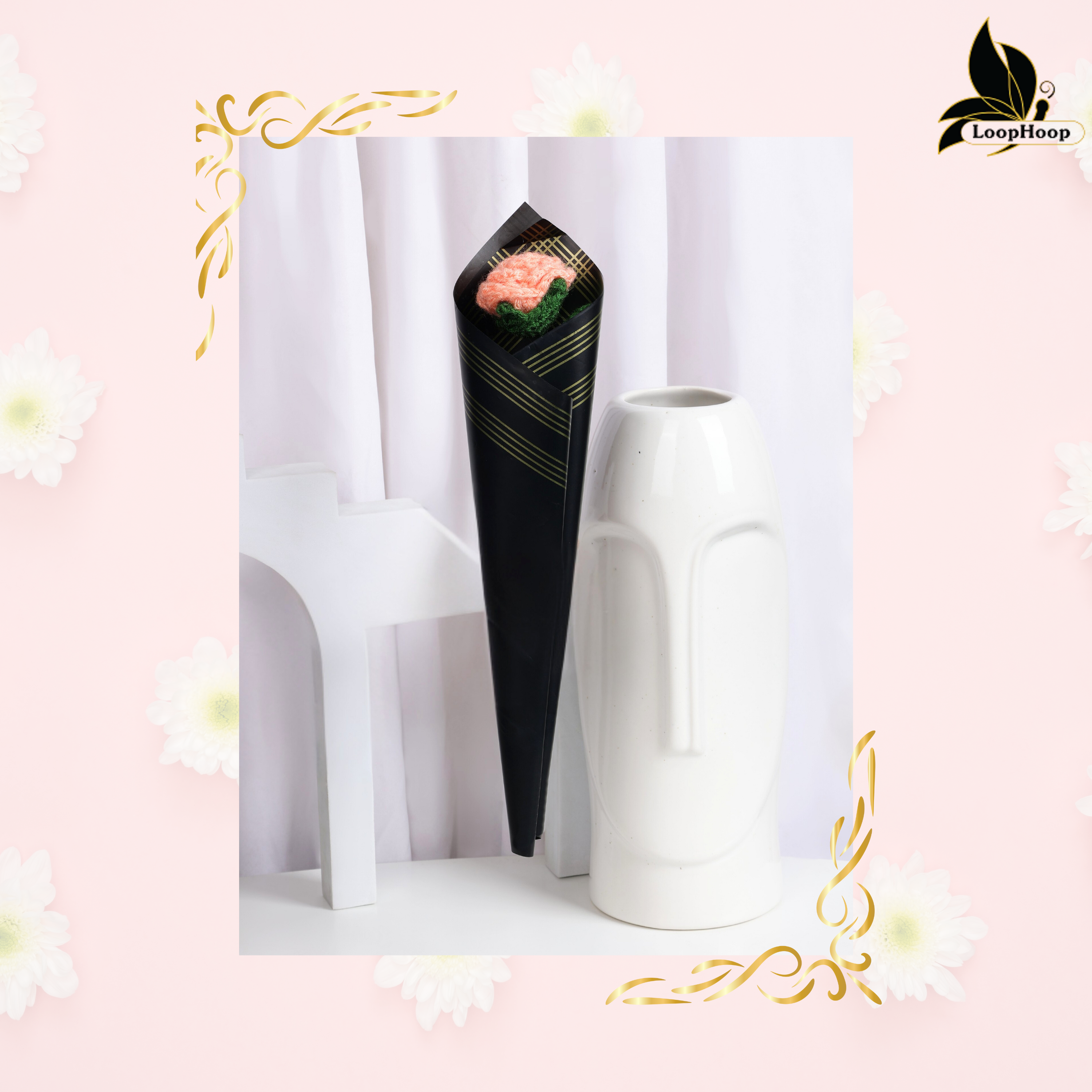 Crochet Handmade Peach Rose Bouquet- 1 steam