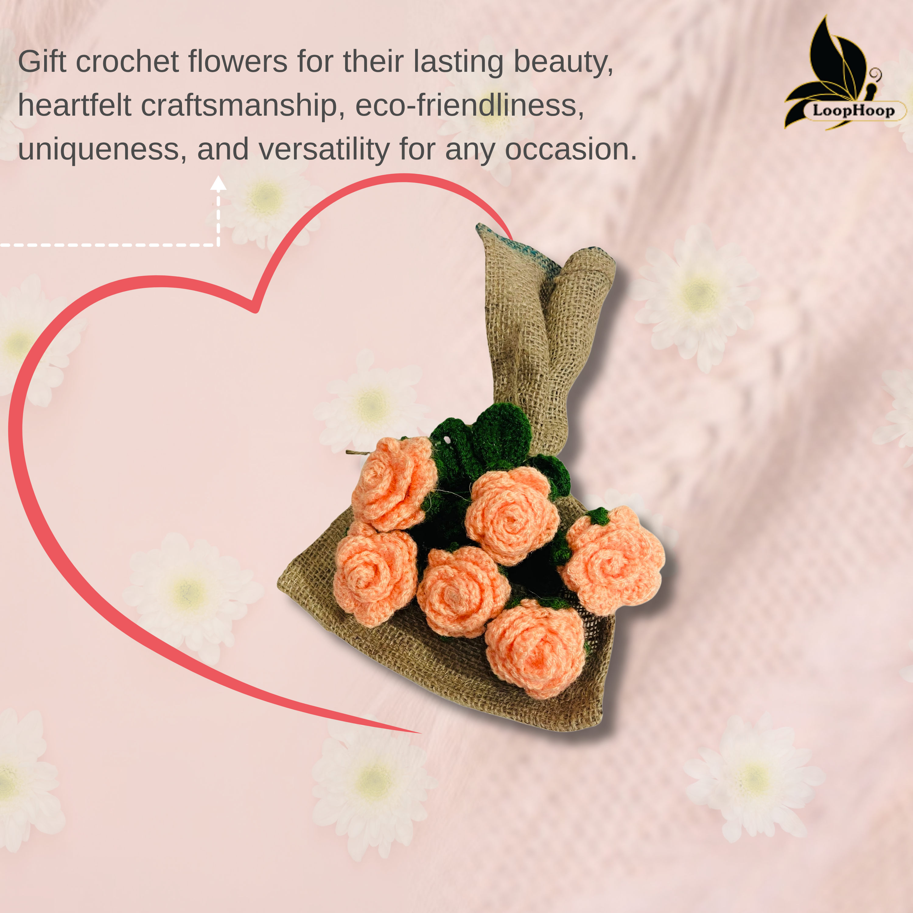 Floral Bliss Crochet Flower Peach Rose Bouquet (6 Steams)