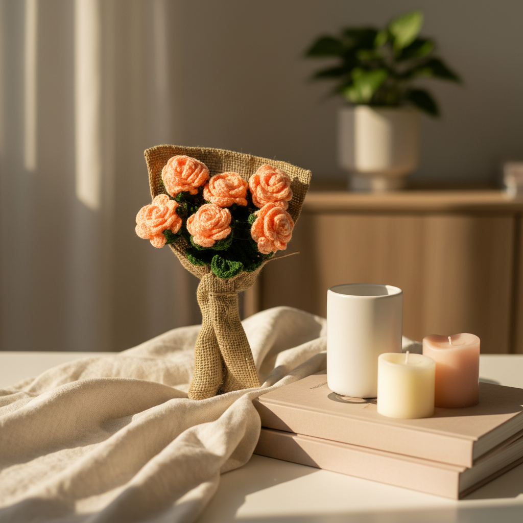 Floral Bliss Crochet Flower Peach Rose Bouquet (6 Steams)