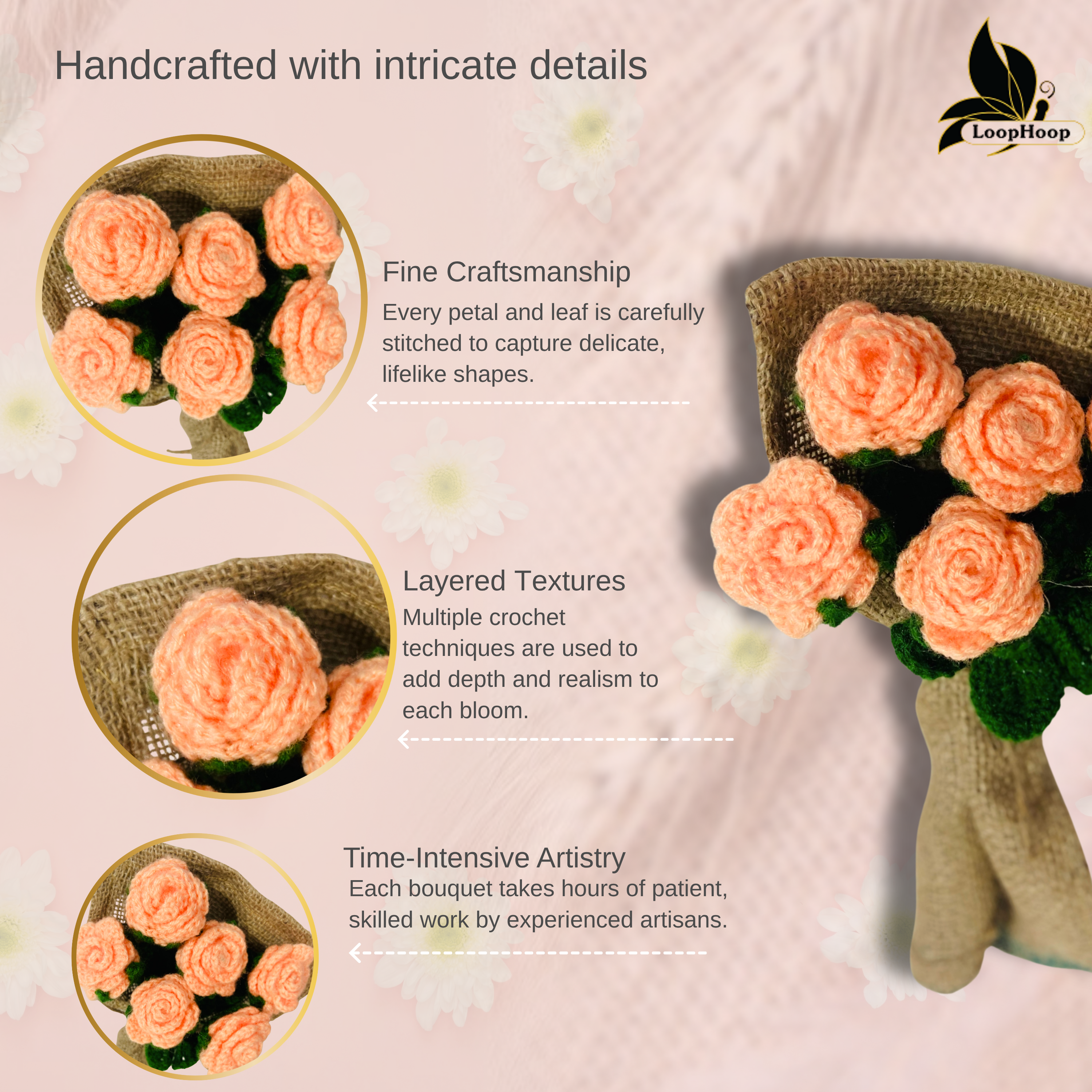 Floral Bliss Crochet Flower Peach Rose Bouquet (6 Steams)