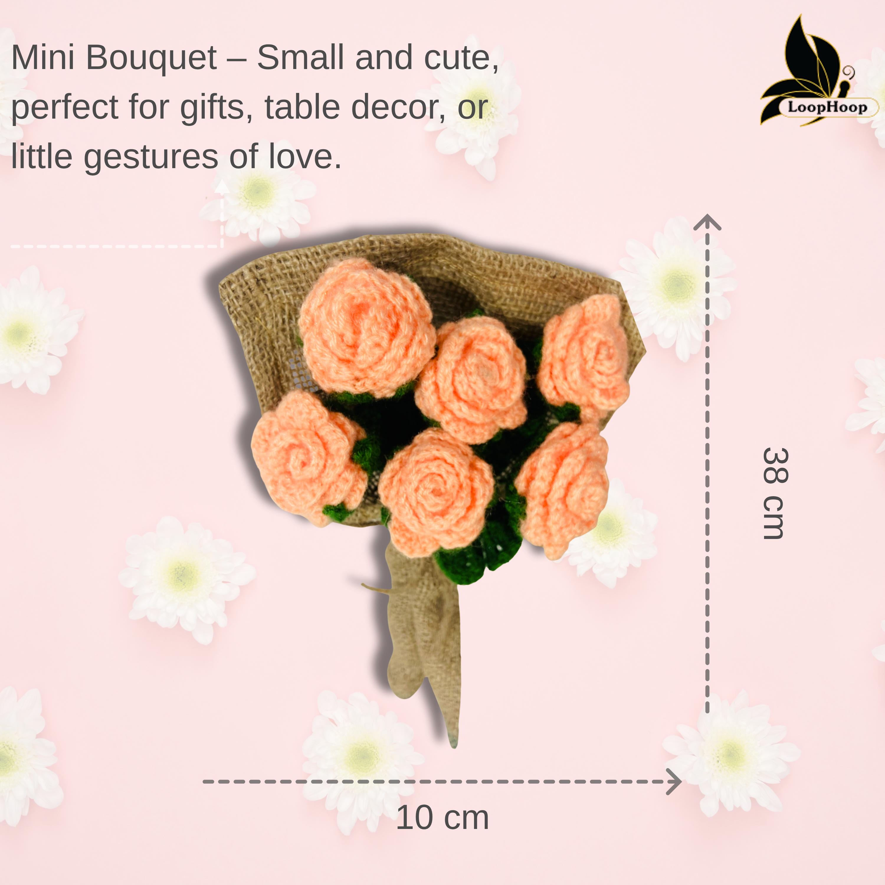 Floral Bliss Crochet Flower Peach Rose Bouquet (6 Steams)