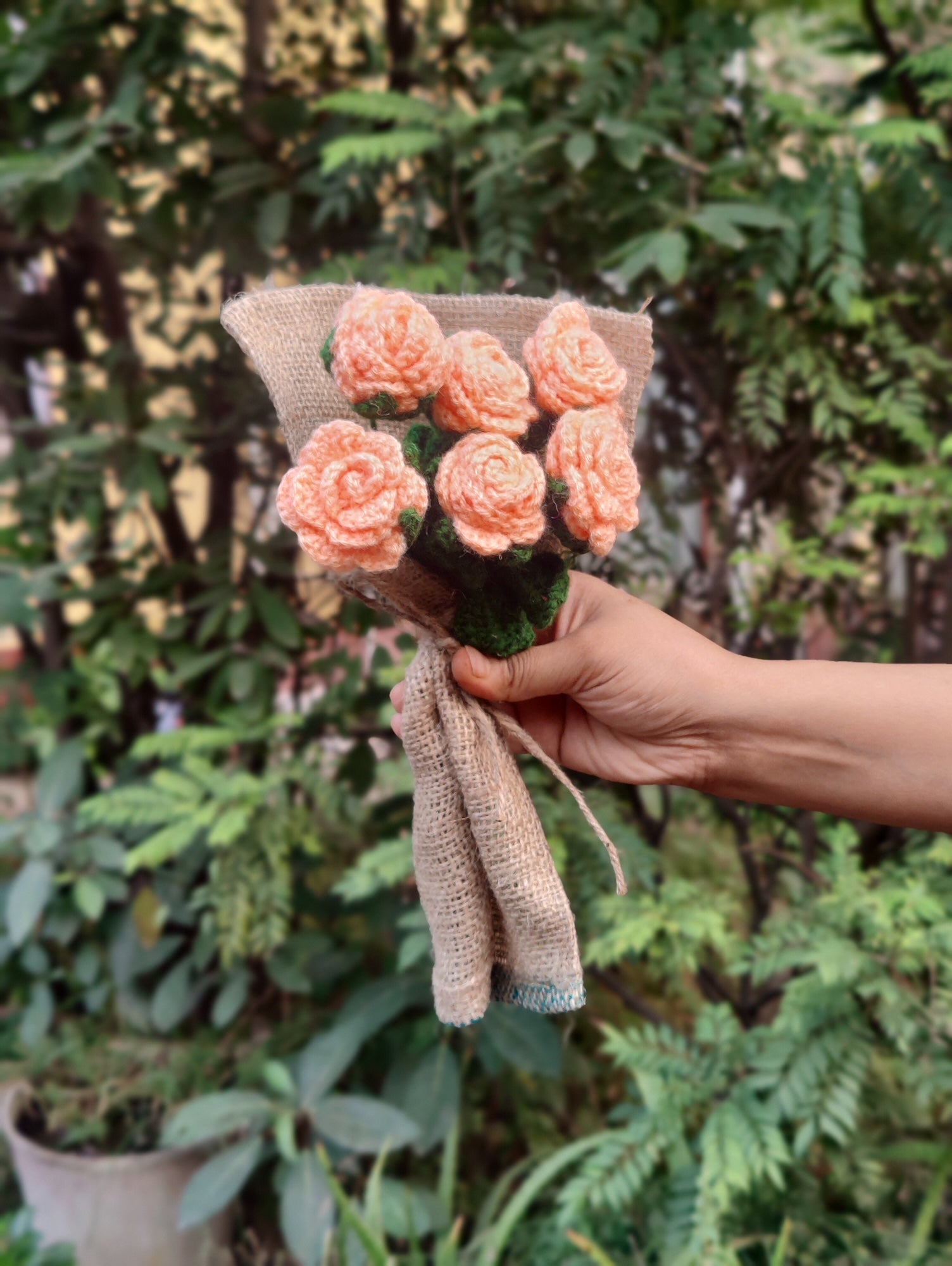 Floral Bliss Crochet Flower Peach Rose Bouquet (6 Steams)