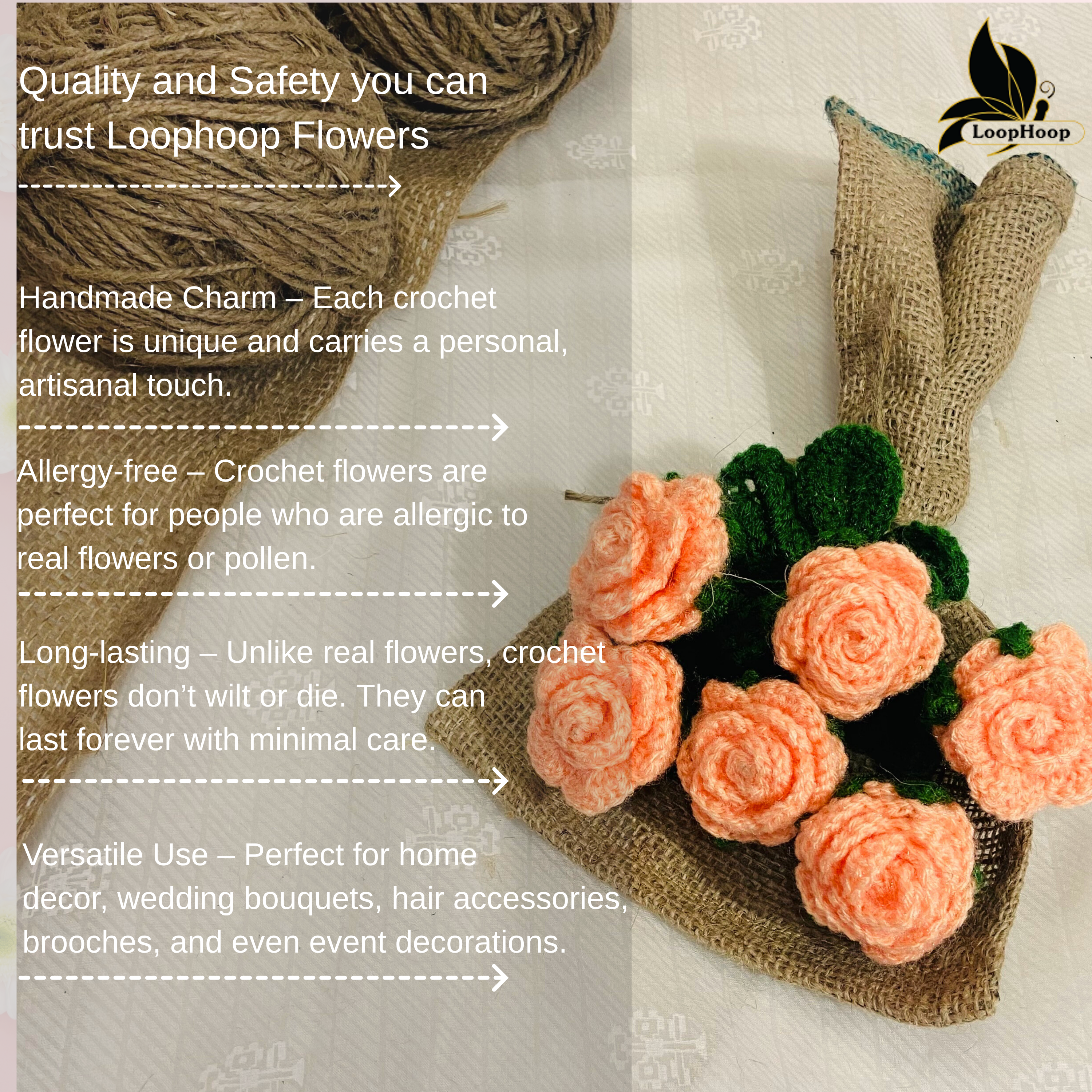 Floral Bliss Crochet Flower Peach Rose Bouquet (6 Steams)