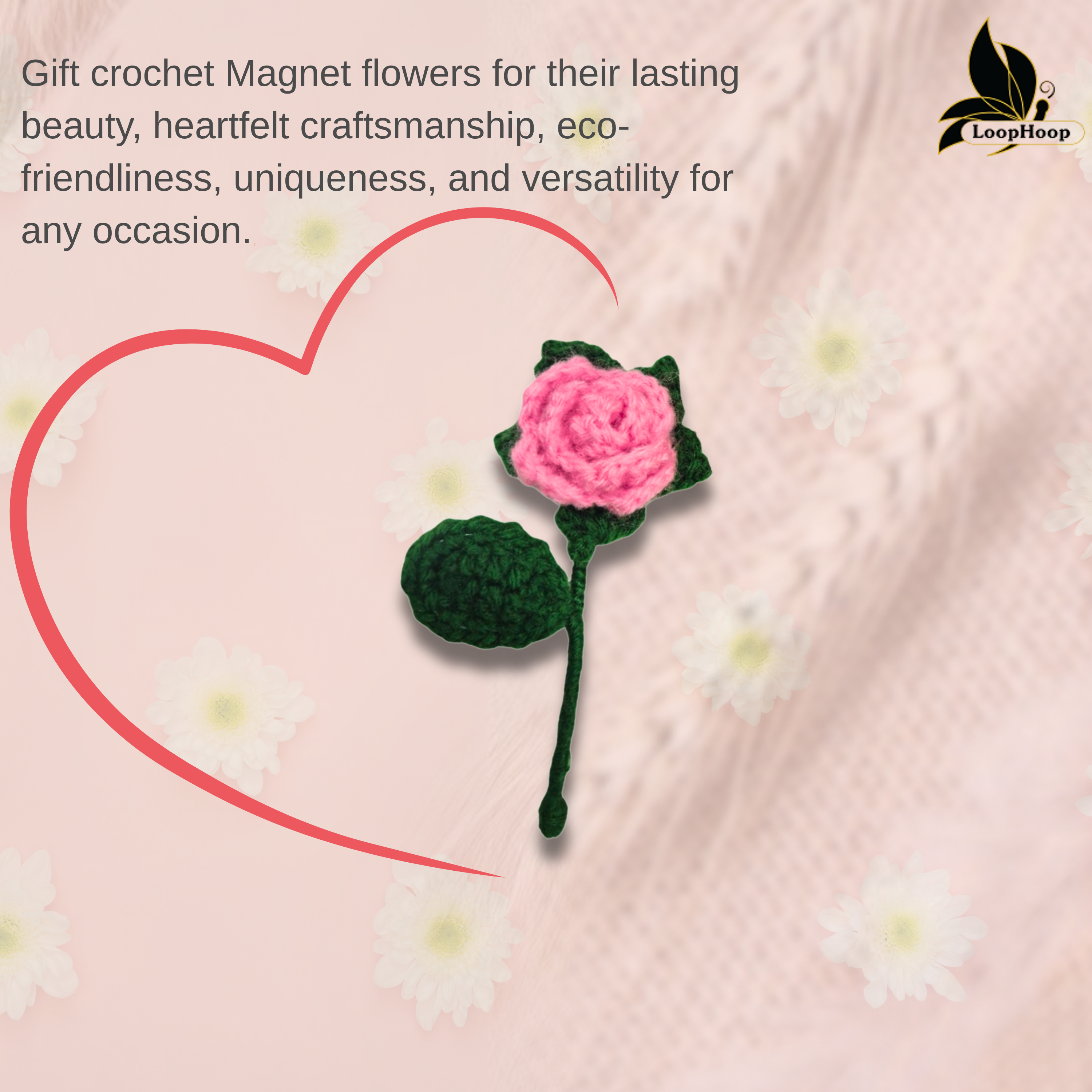 Crochet Handmade Pink Rose Fridge magnet (1 steam)