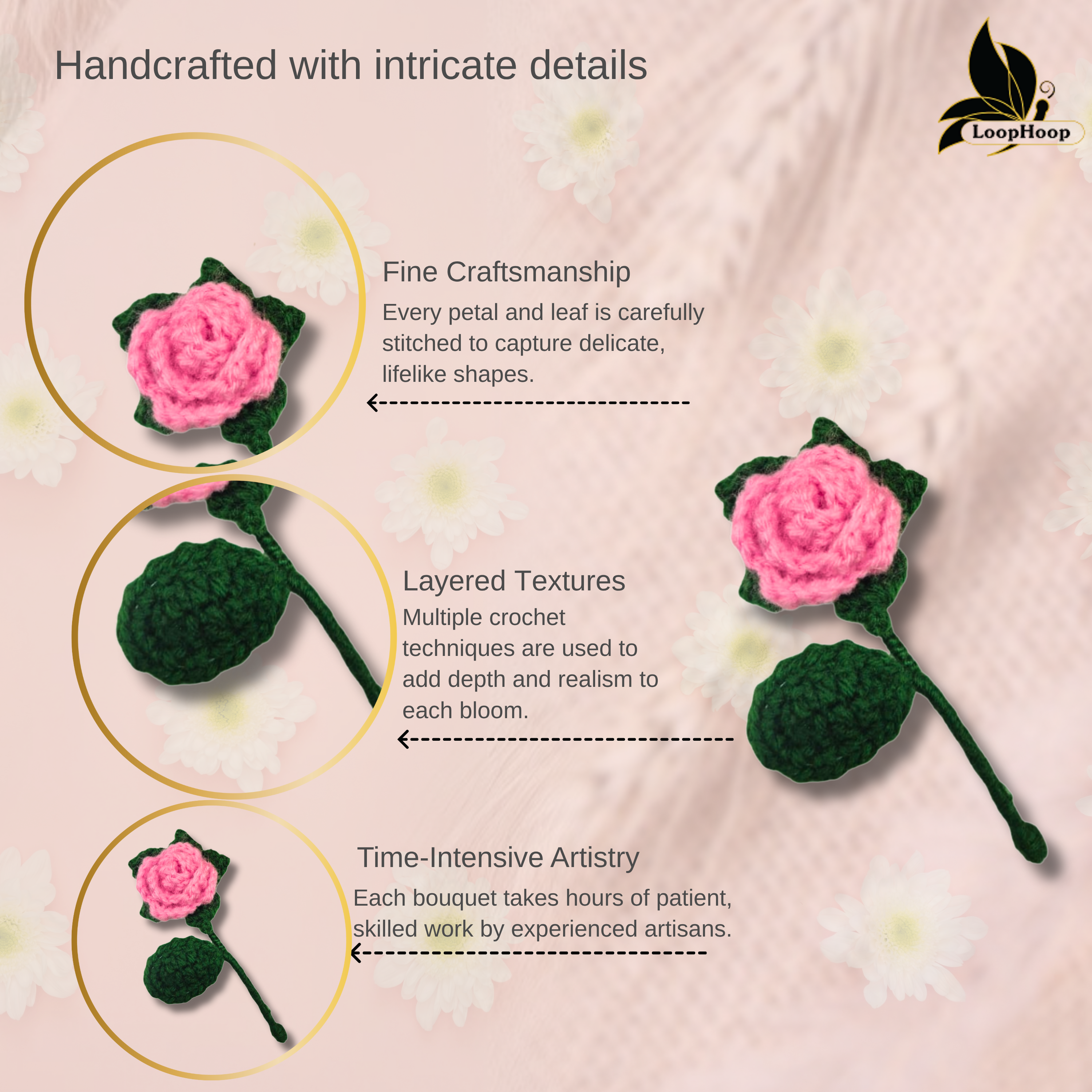 Crochet Handmade Pink Rose Fridge magnet (1 steam)