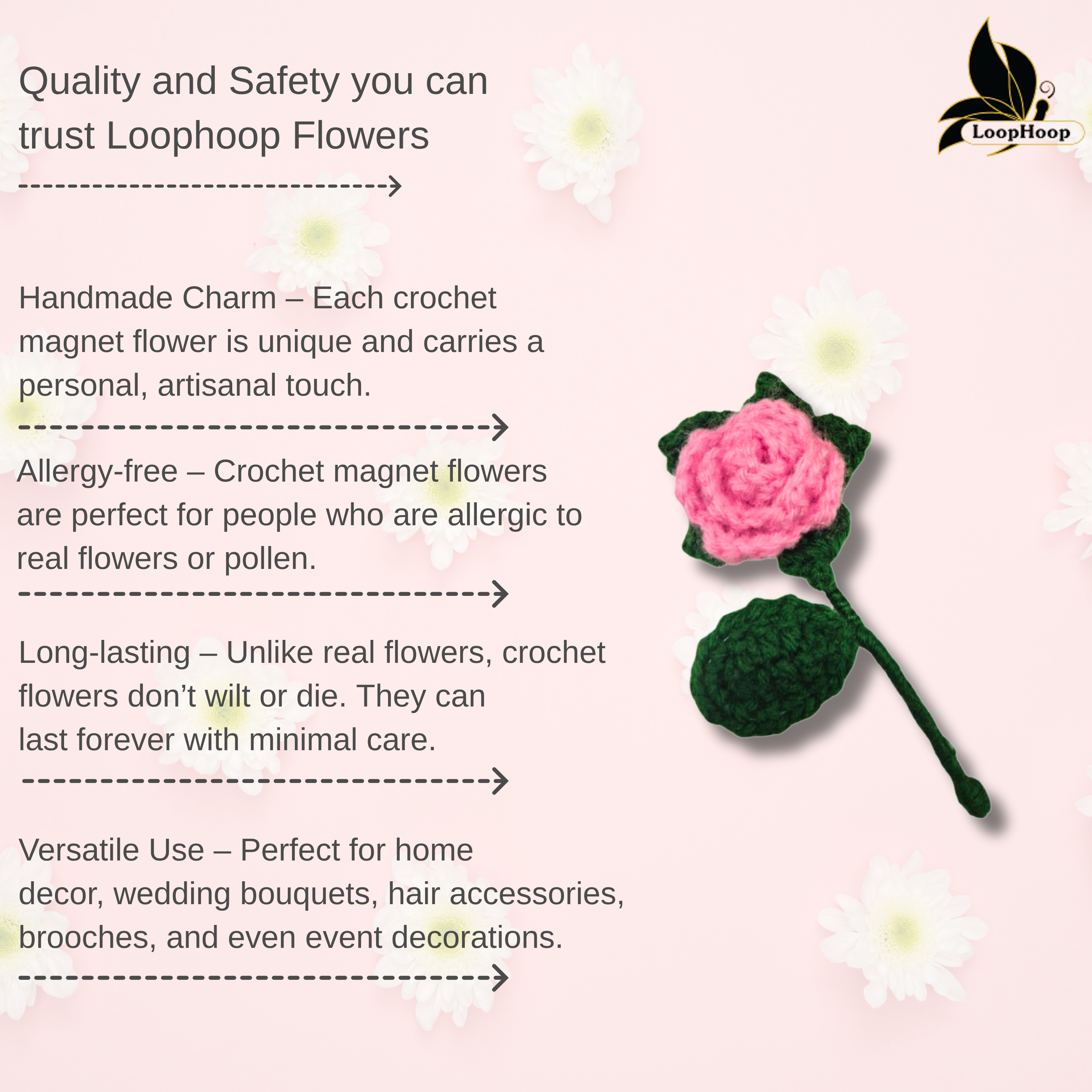 Crochet Handmade Pink Rose Fridge magnet (1 steam)