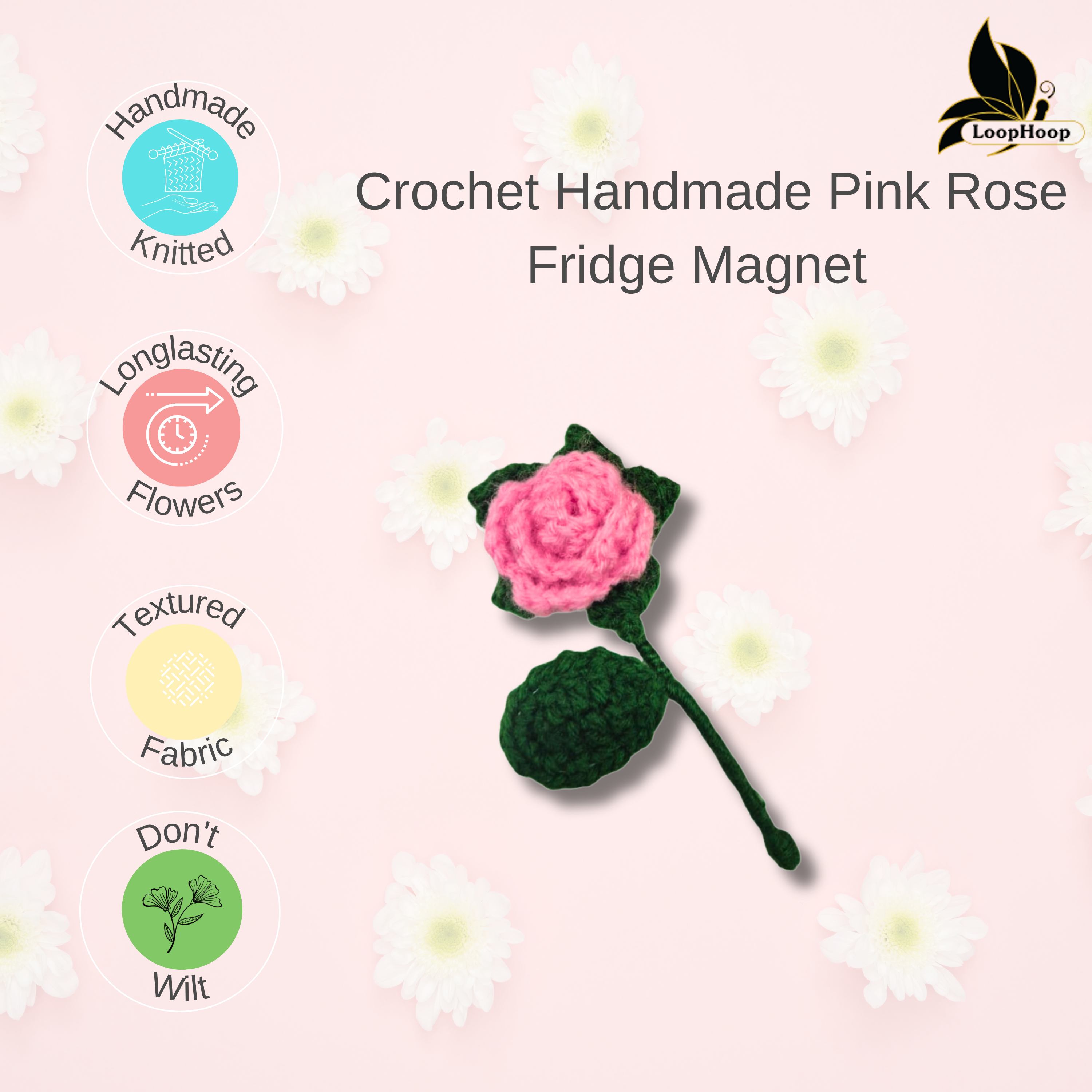 Crochet Handmade Pink Rose Fridge magnet (1 steam)