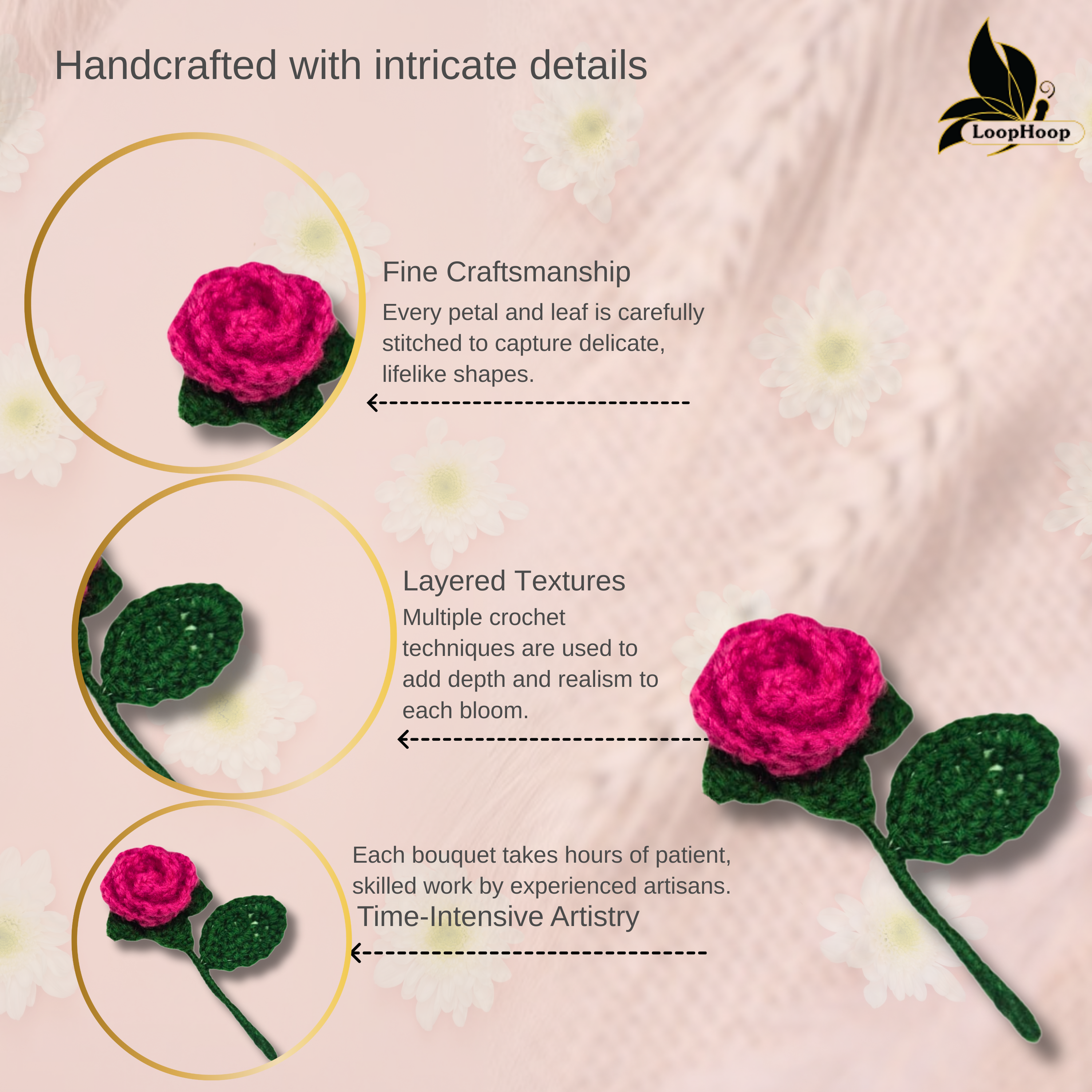 Crochet Handmade Pink Rose Fridge Magnet (1 steam)