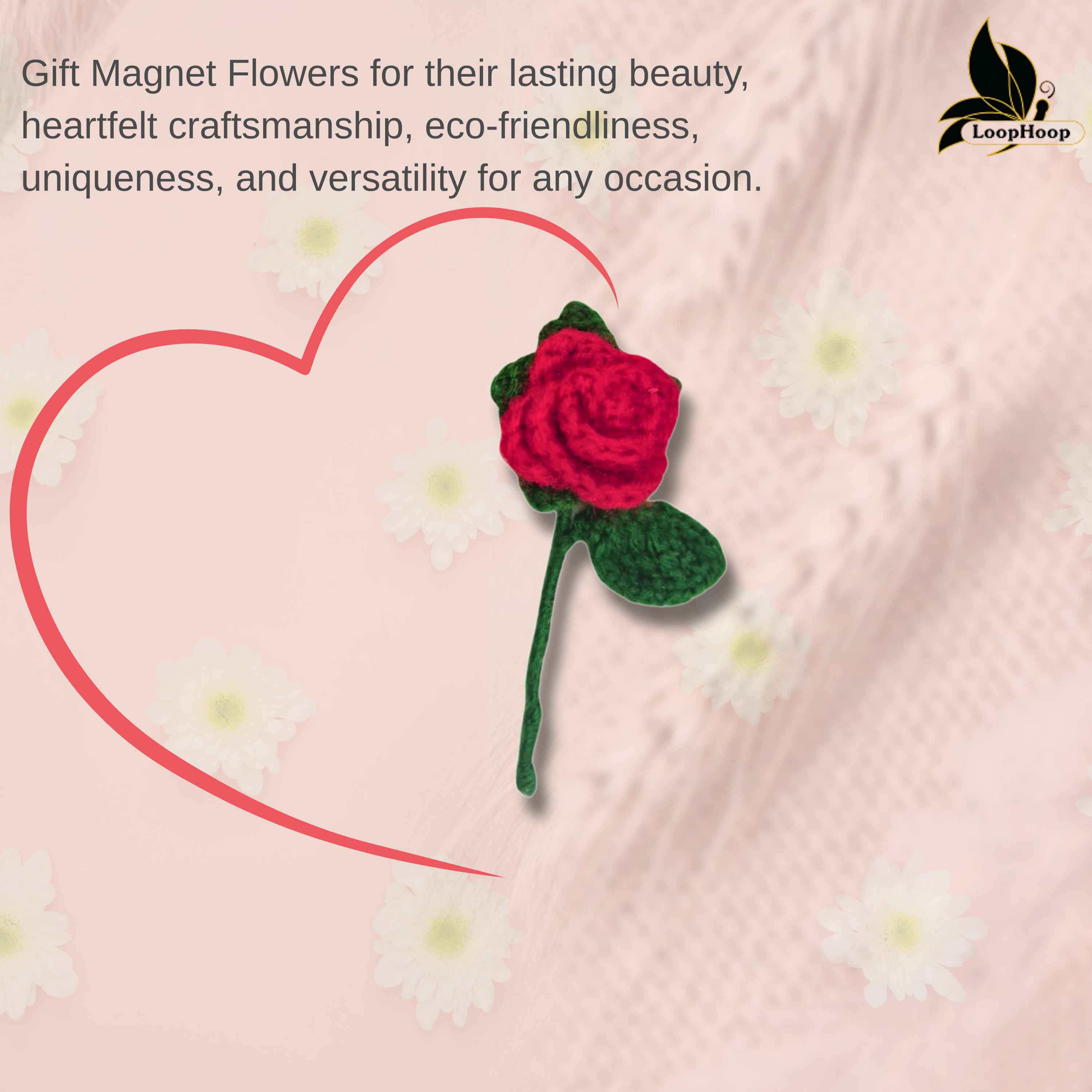 Crochet Handmade Red Rose Fridge Magnet (1 steam)