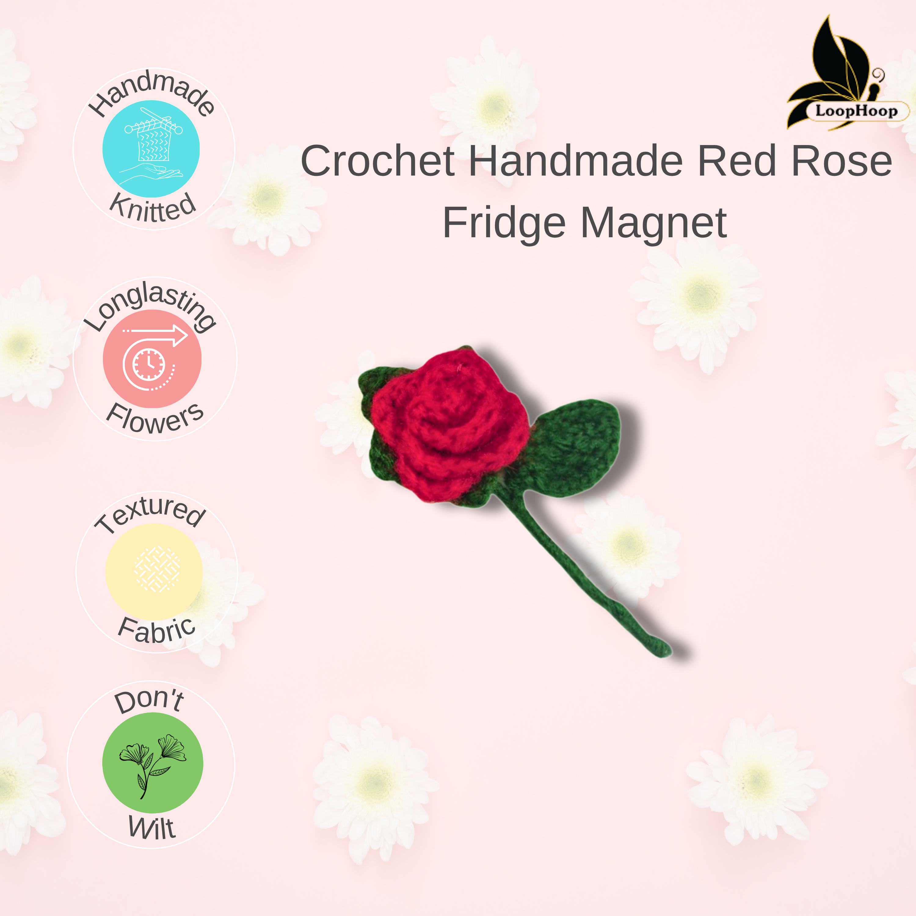 Crochet Handmade Red Rose Fridge Magnet (1 steam)