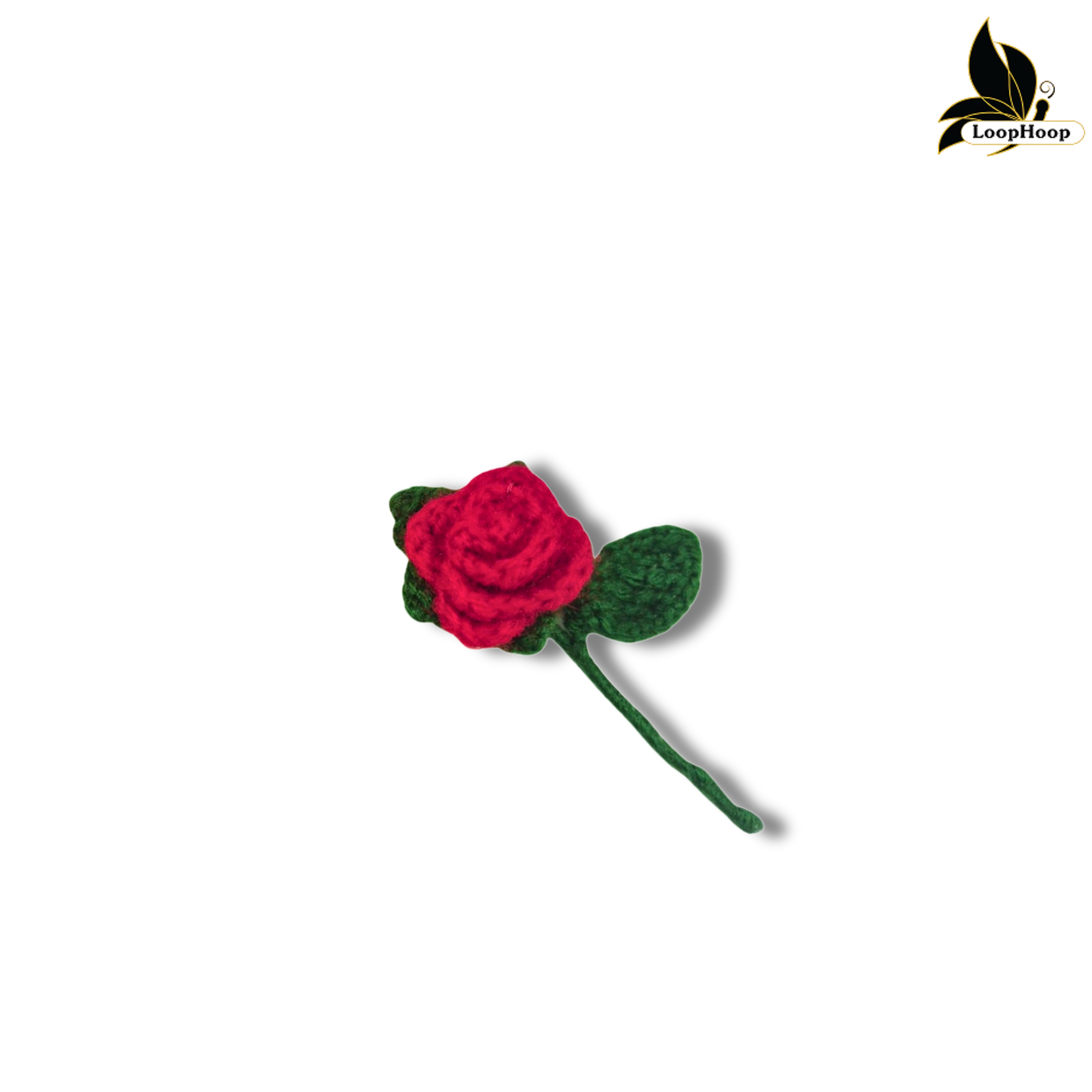 Crocheted red rose with green leaves on a white background, featuring LoopHoop logo.