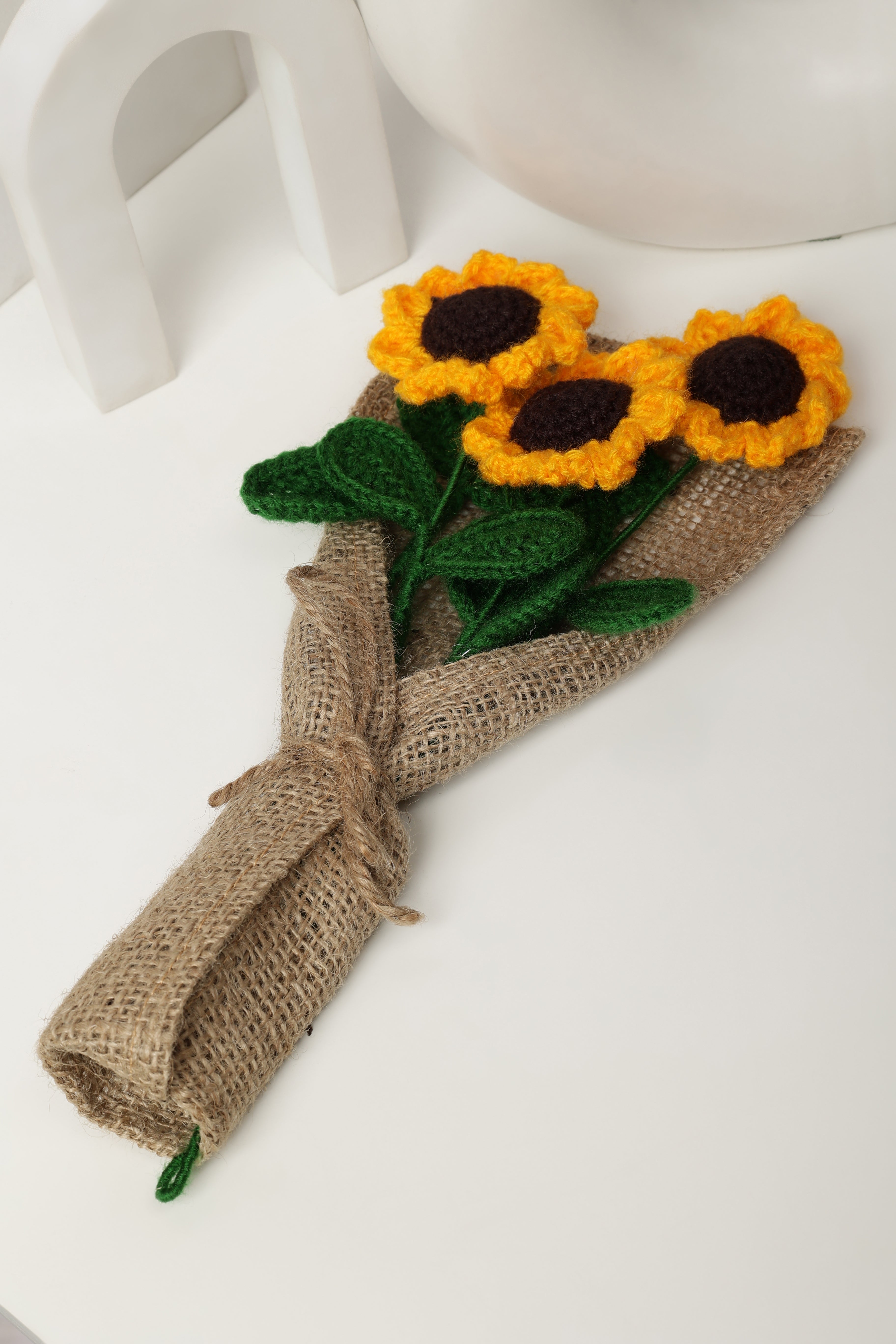 Crochet Handmade Yellow Sunflower Bouquet- 3 steam