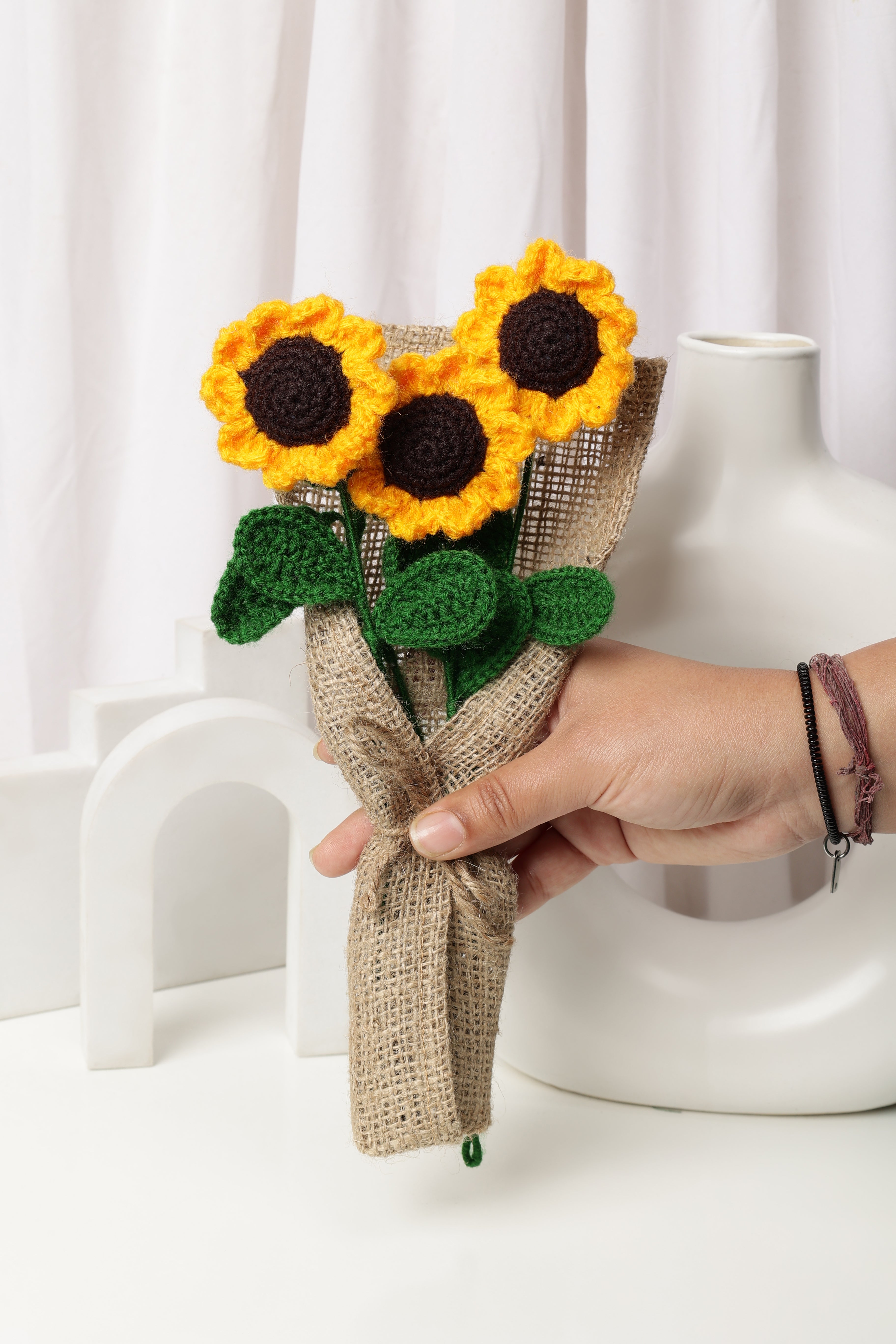 Crochet Handmade Yellow Sunflower Bouquet- 3 steam