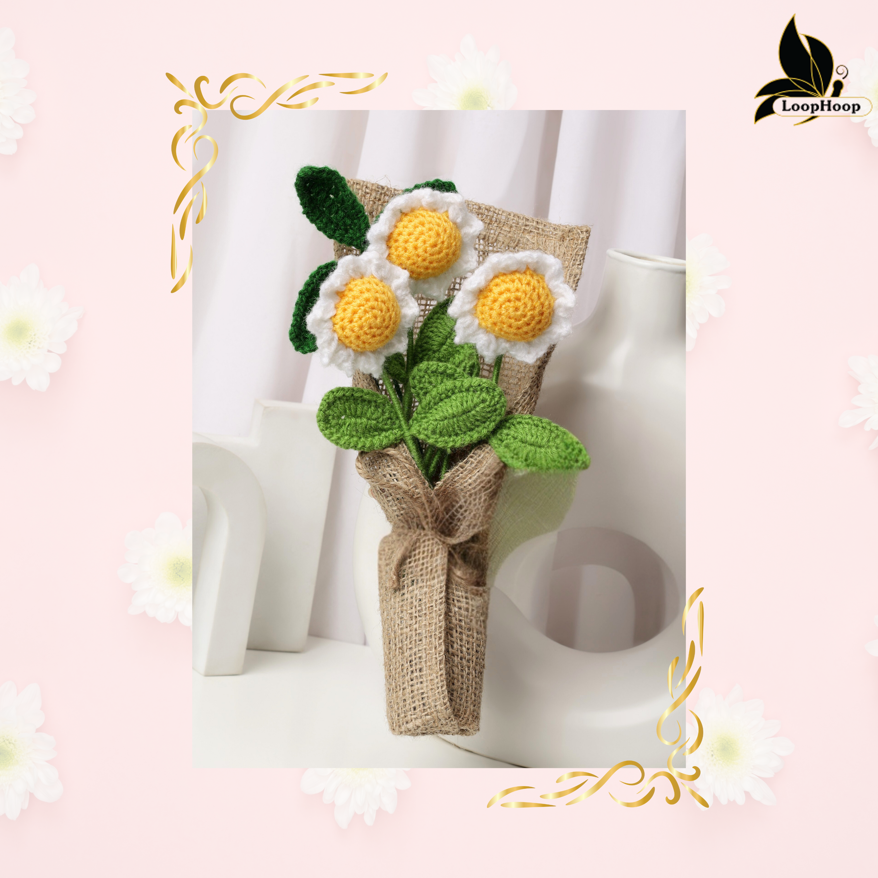 Crochet Handmade White Sunflower Bouquet - 4 steam