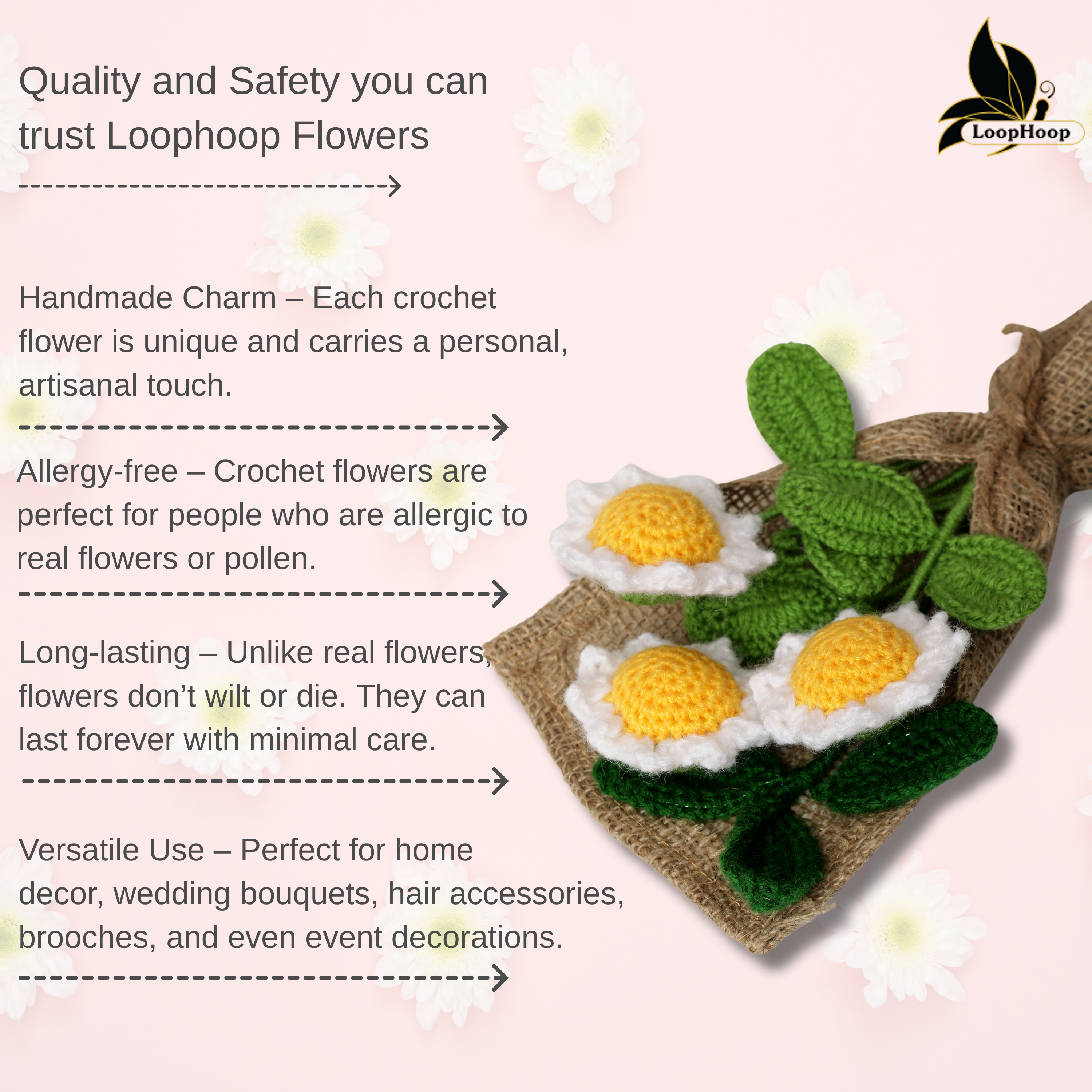 Crochet Handmade White Sunflower Bouquet - 4 steam