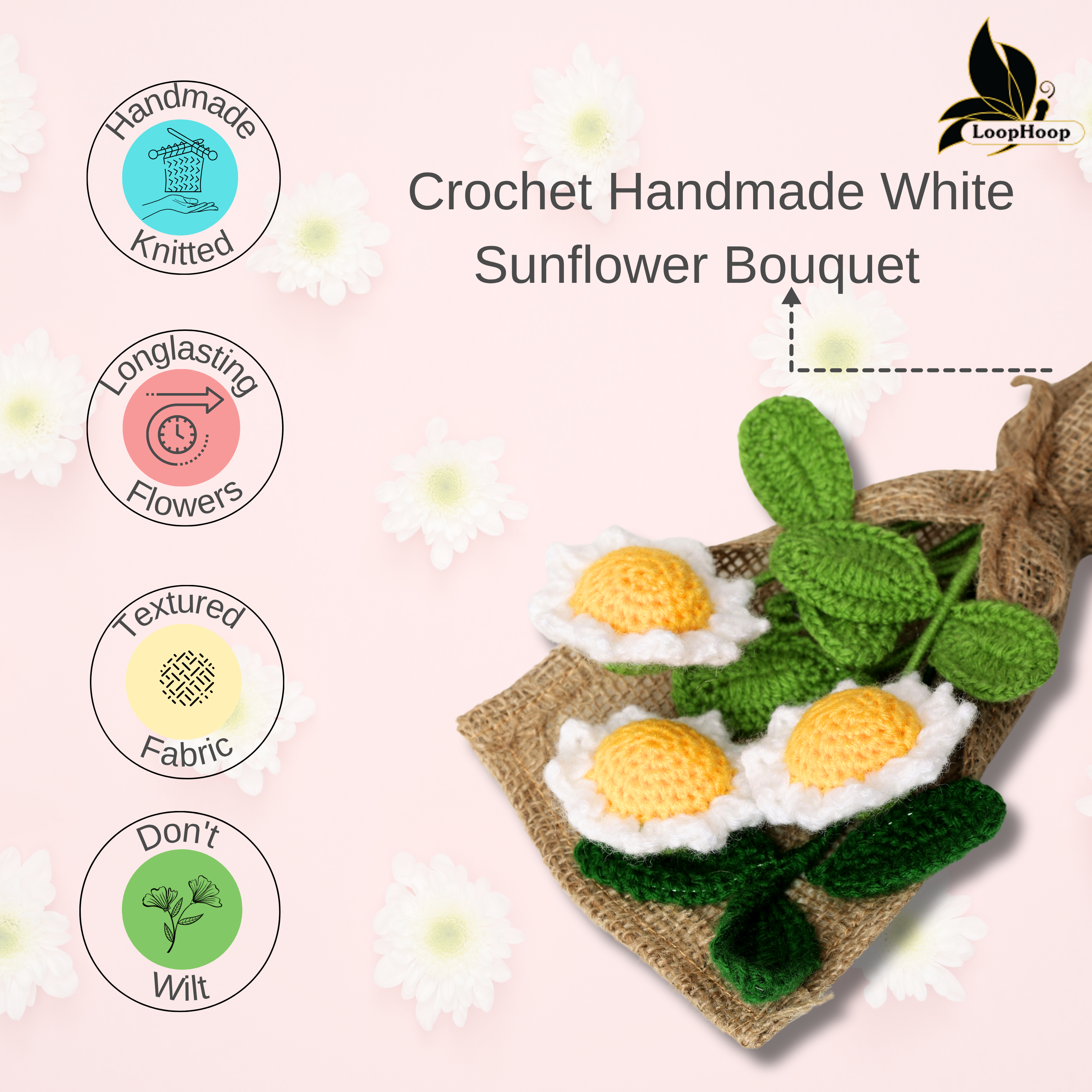 Crochet Handmade White Sunflower Bouquet - 4 steam