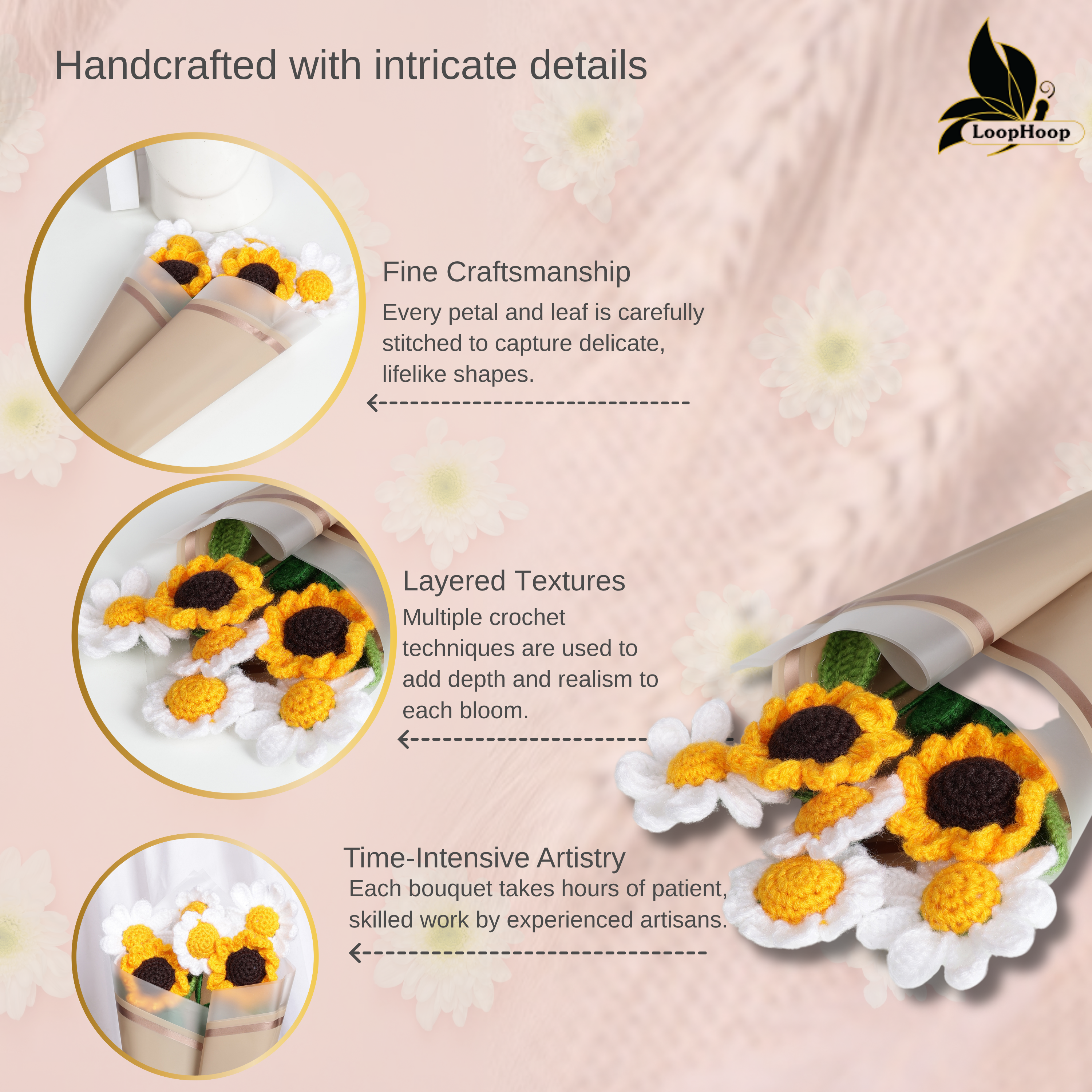 Crochet Handmade Sunflower And Daisy Flower Bouquet - 6 steam