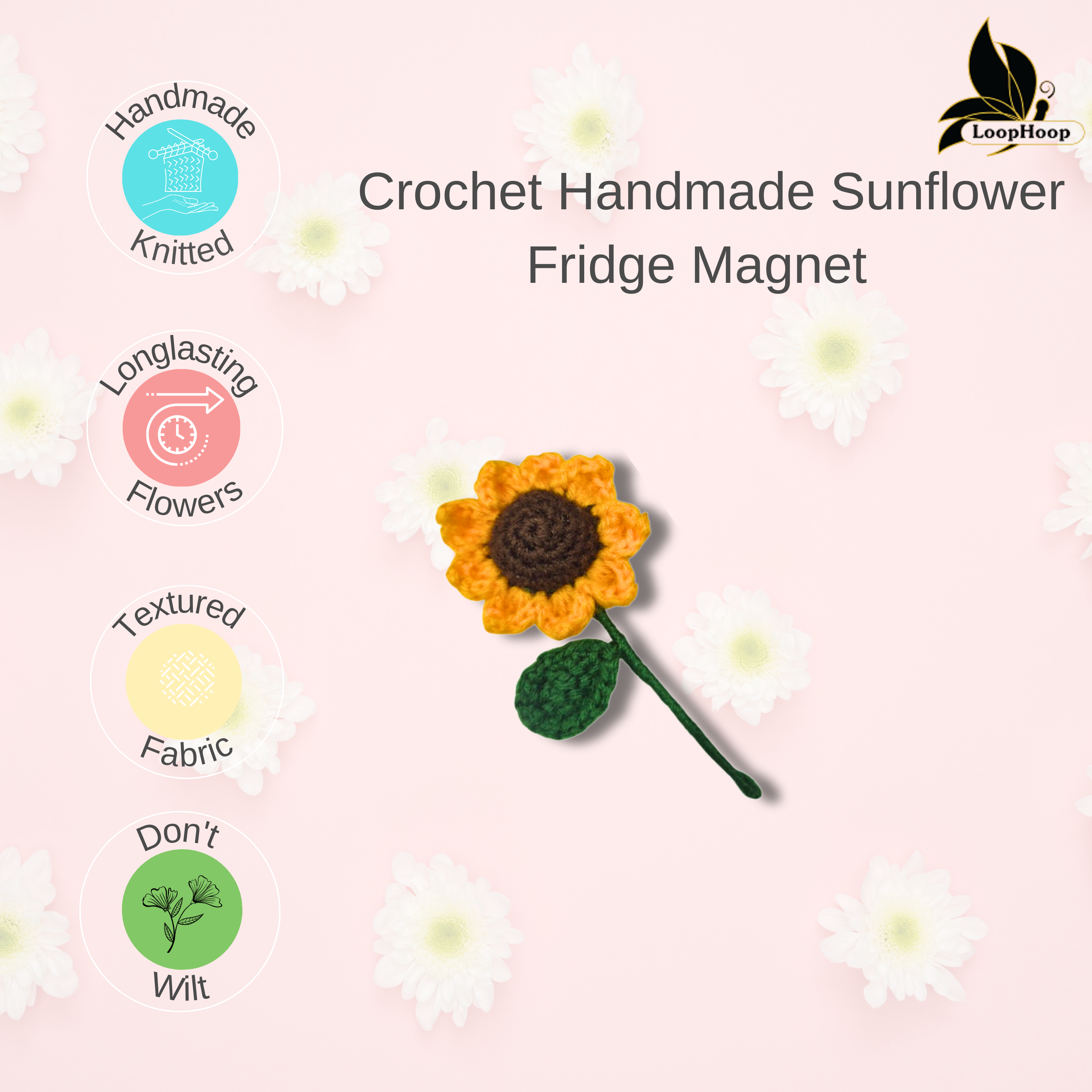 Crochet Handmade Sunflower Fridge Magnet (1 steam)