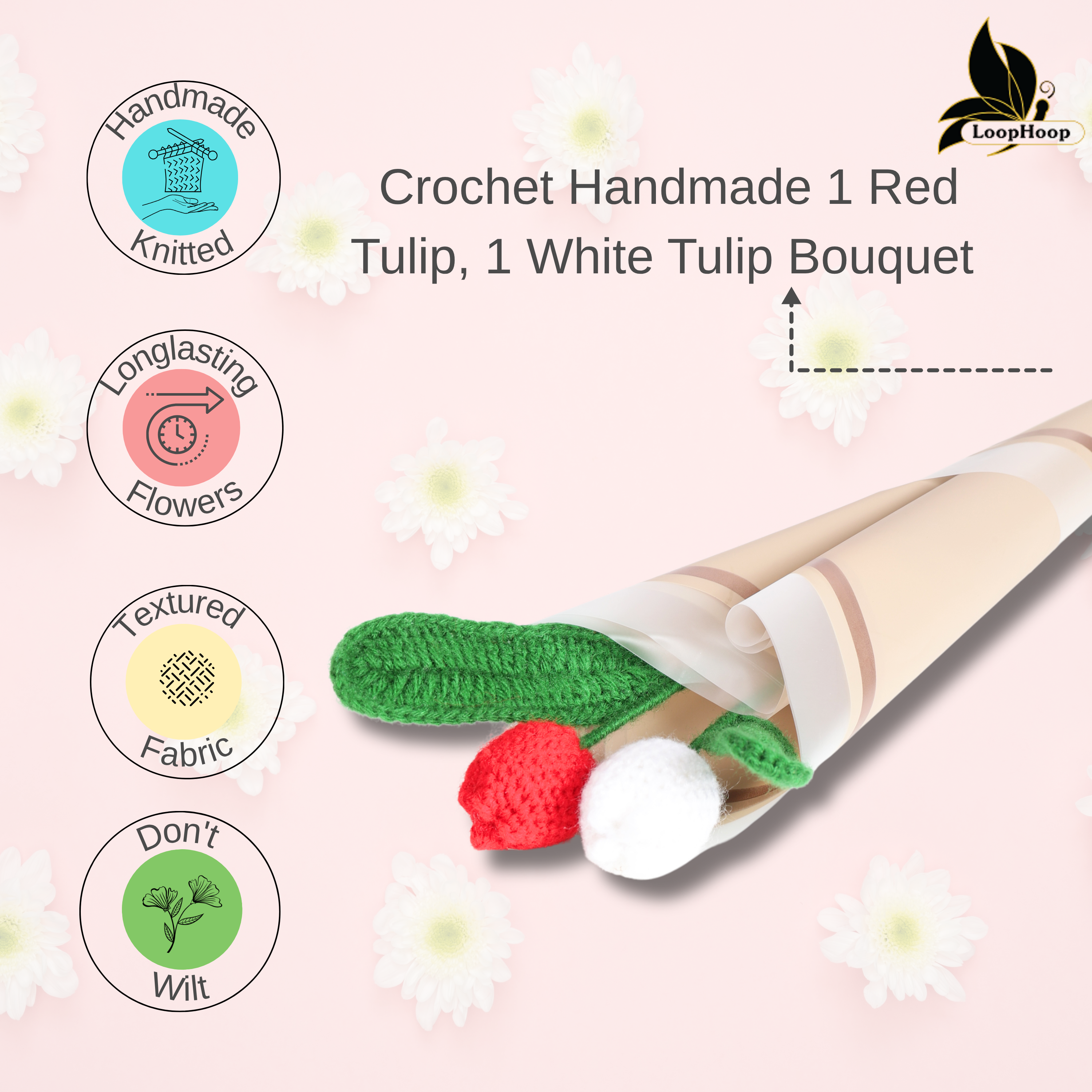 Crochet Handmade White Tulip And Red Tulip  Bouquet- 2 steam