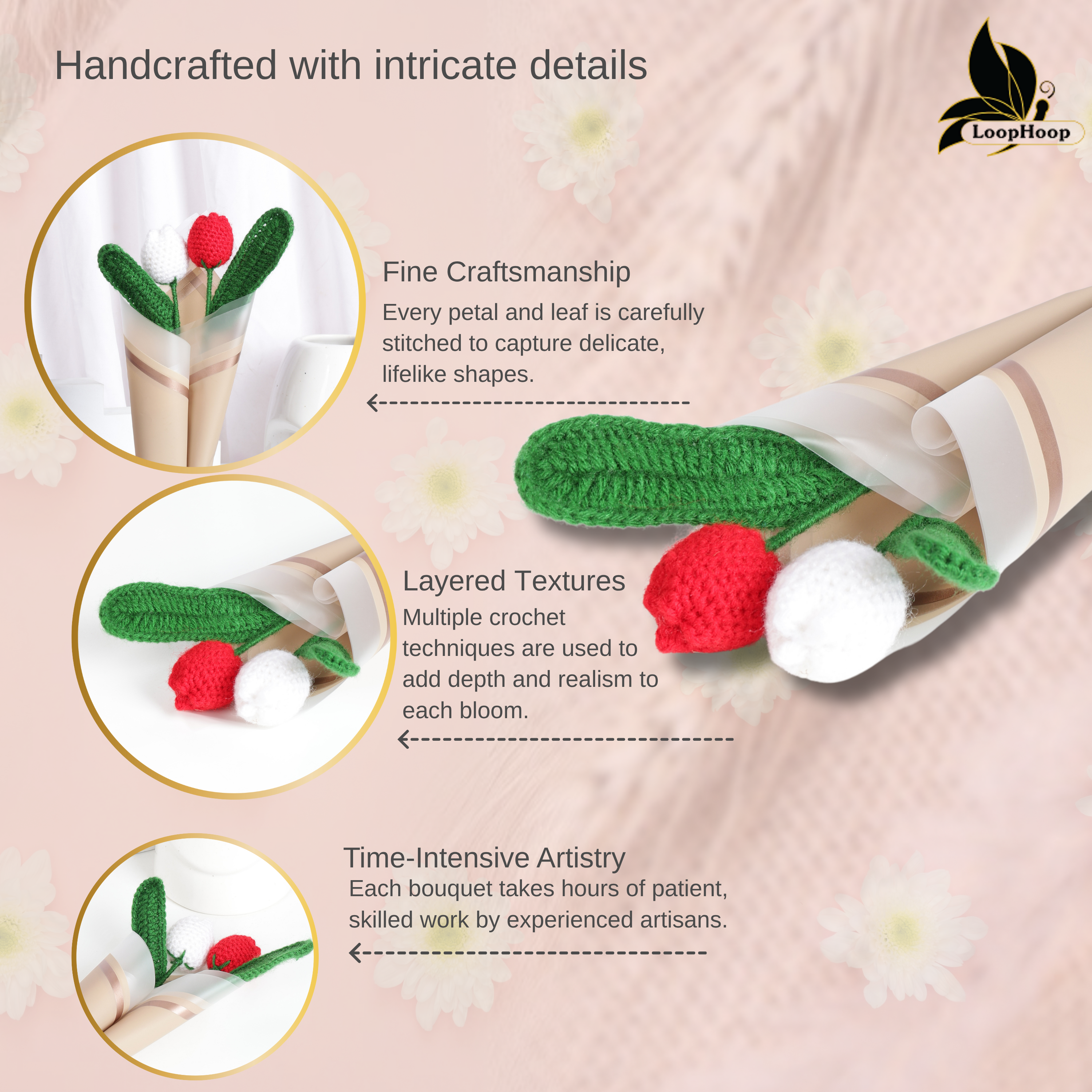 Crochet Handmade White Tulip And Red Tulip  Bouquet- 2 steam