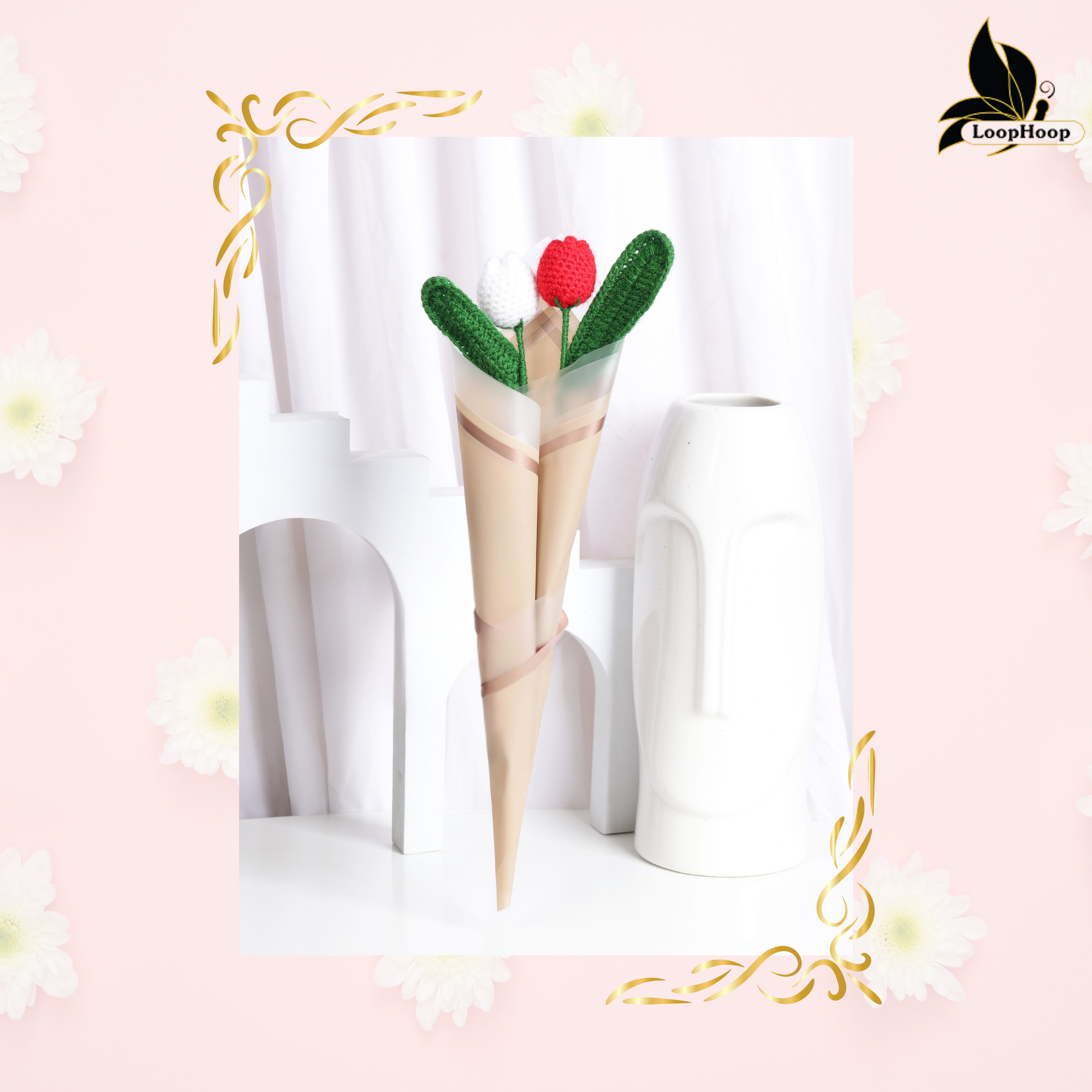 Crochet Handmade White Tulip And Red Tulip  Bouquet- 2 steam