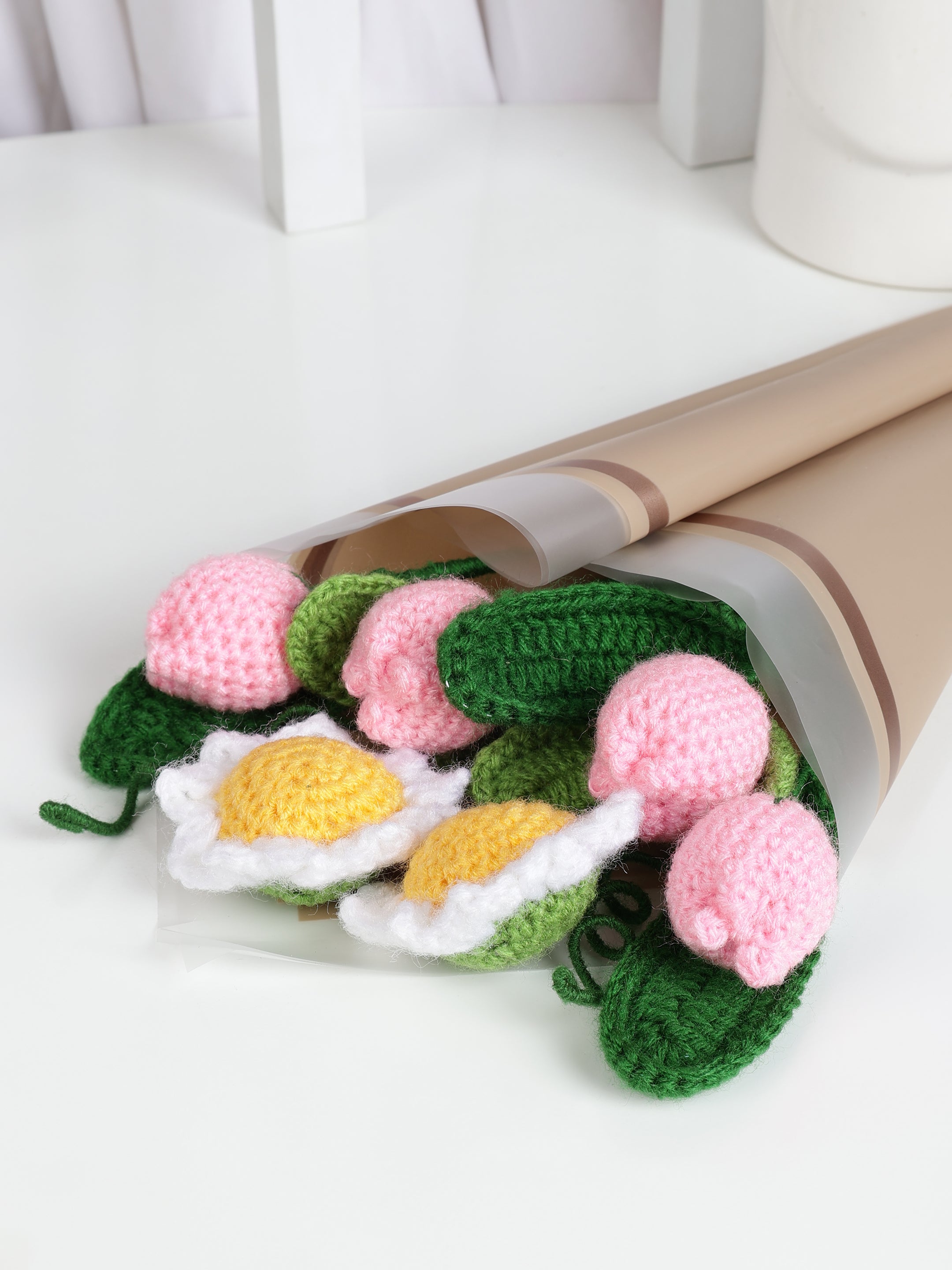 Crochet Handmade Pink Tulip And White Sunflower Bouquet- 6 steam