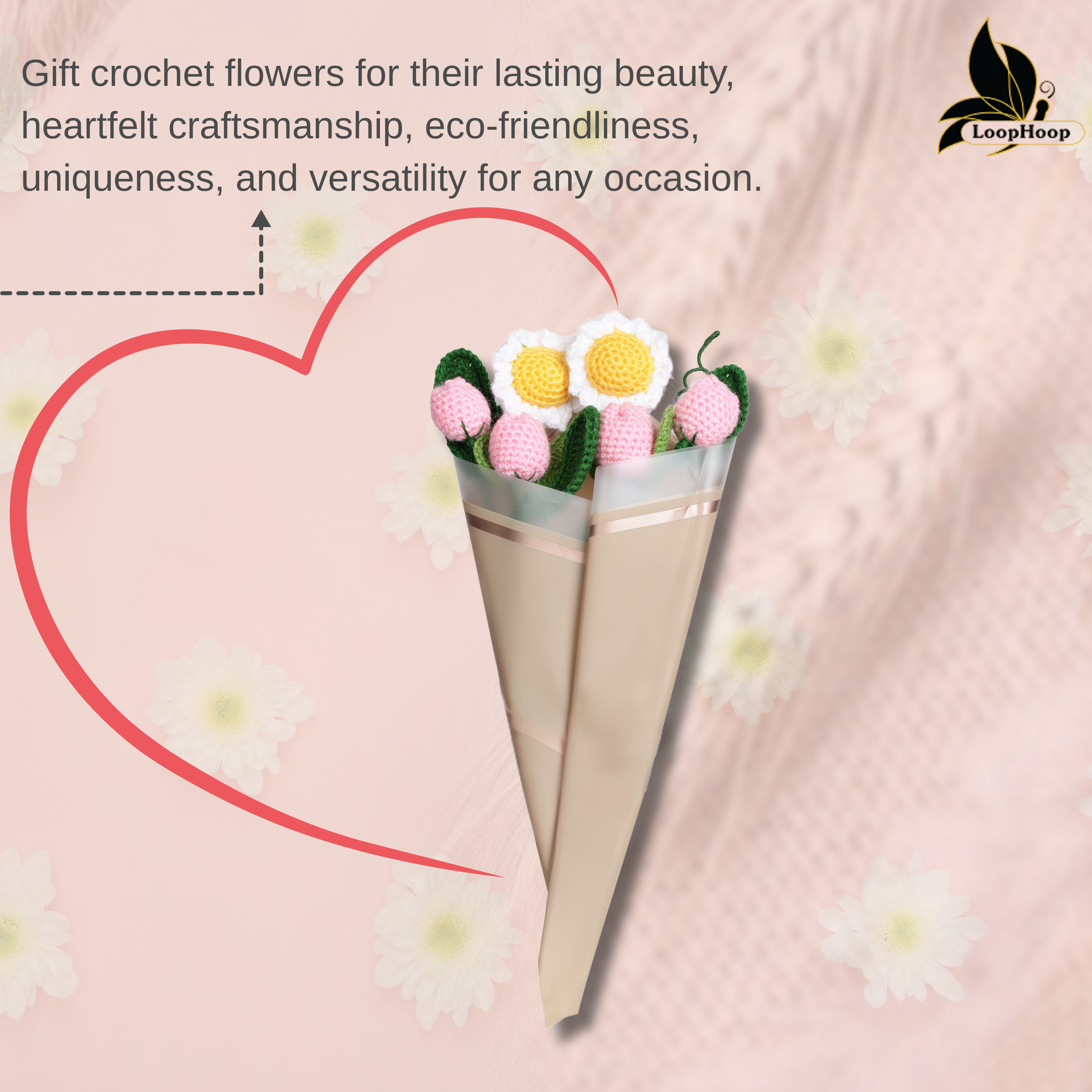 Crochet Handmade Pink Tulip And White Sunflower Bouquet- 6 steam