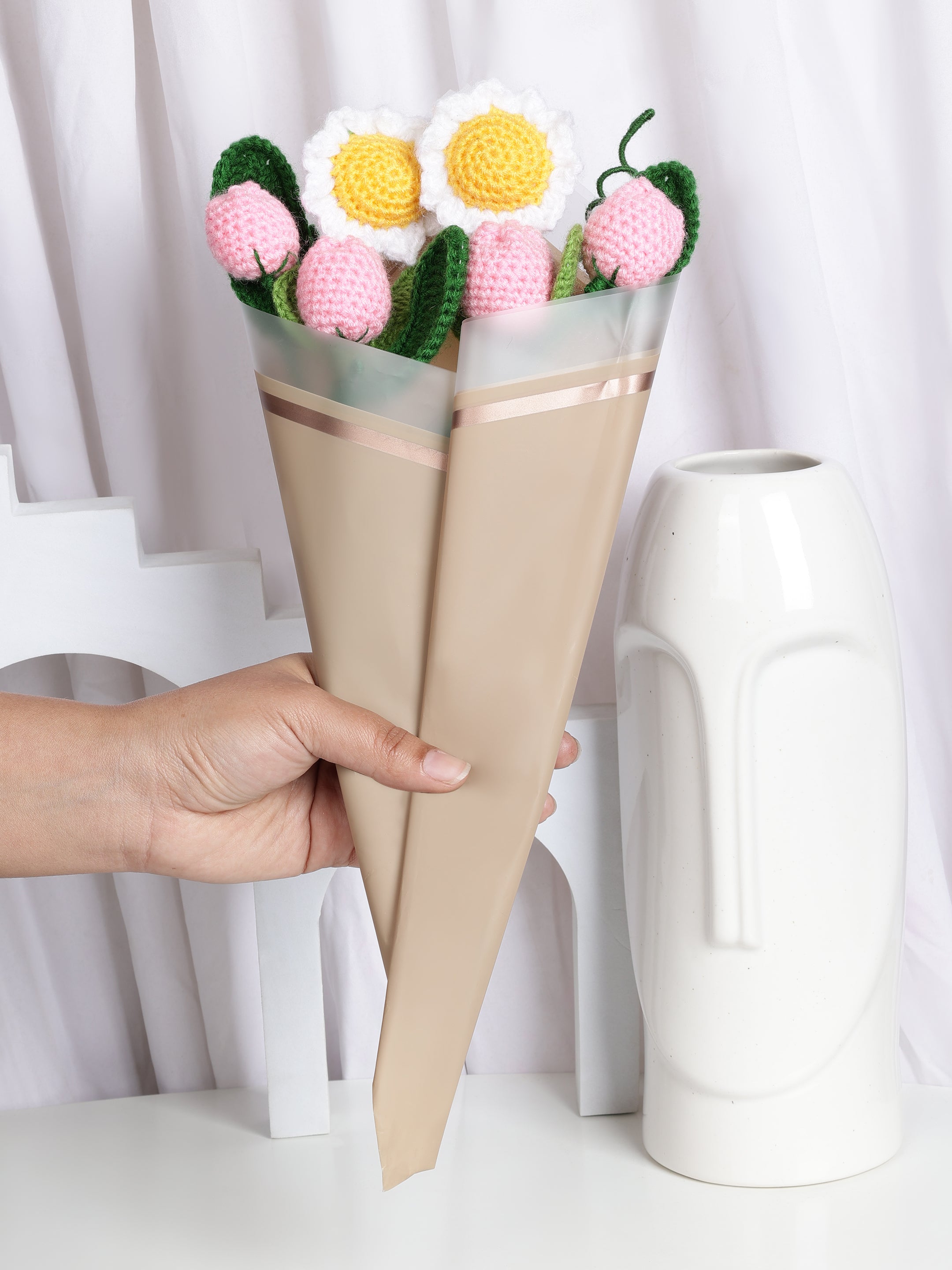 Crochet Handmade Pink Tulip And White Sunflower Bouquet- 6 steam