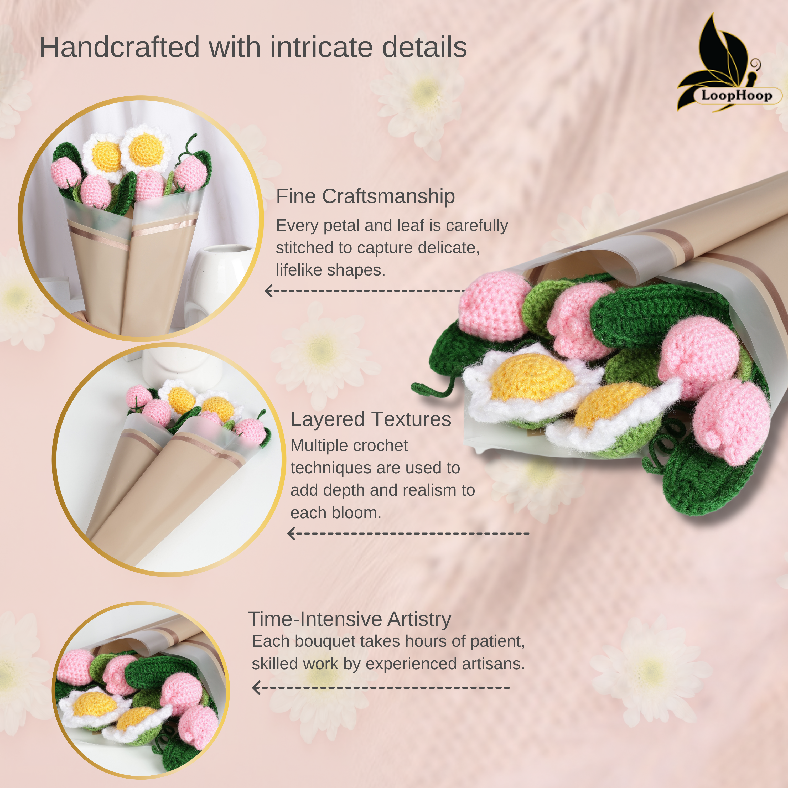 Crochet Handmade Pink Tulip And White Sunflower Bouquet- 6 steam