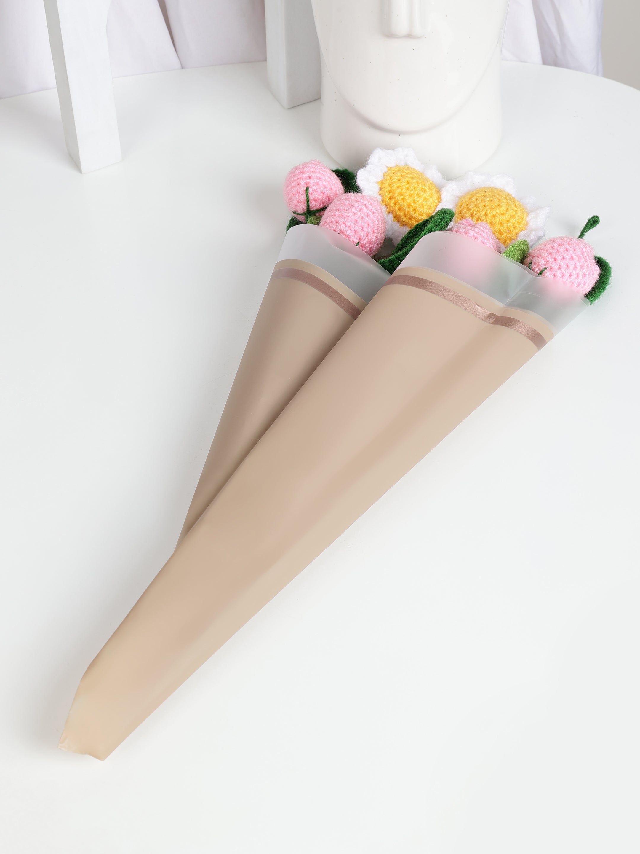 Crochet Handmade Pink Tulip And White Sunflower Bouquet- 6 steam