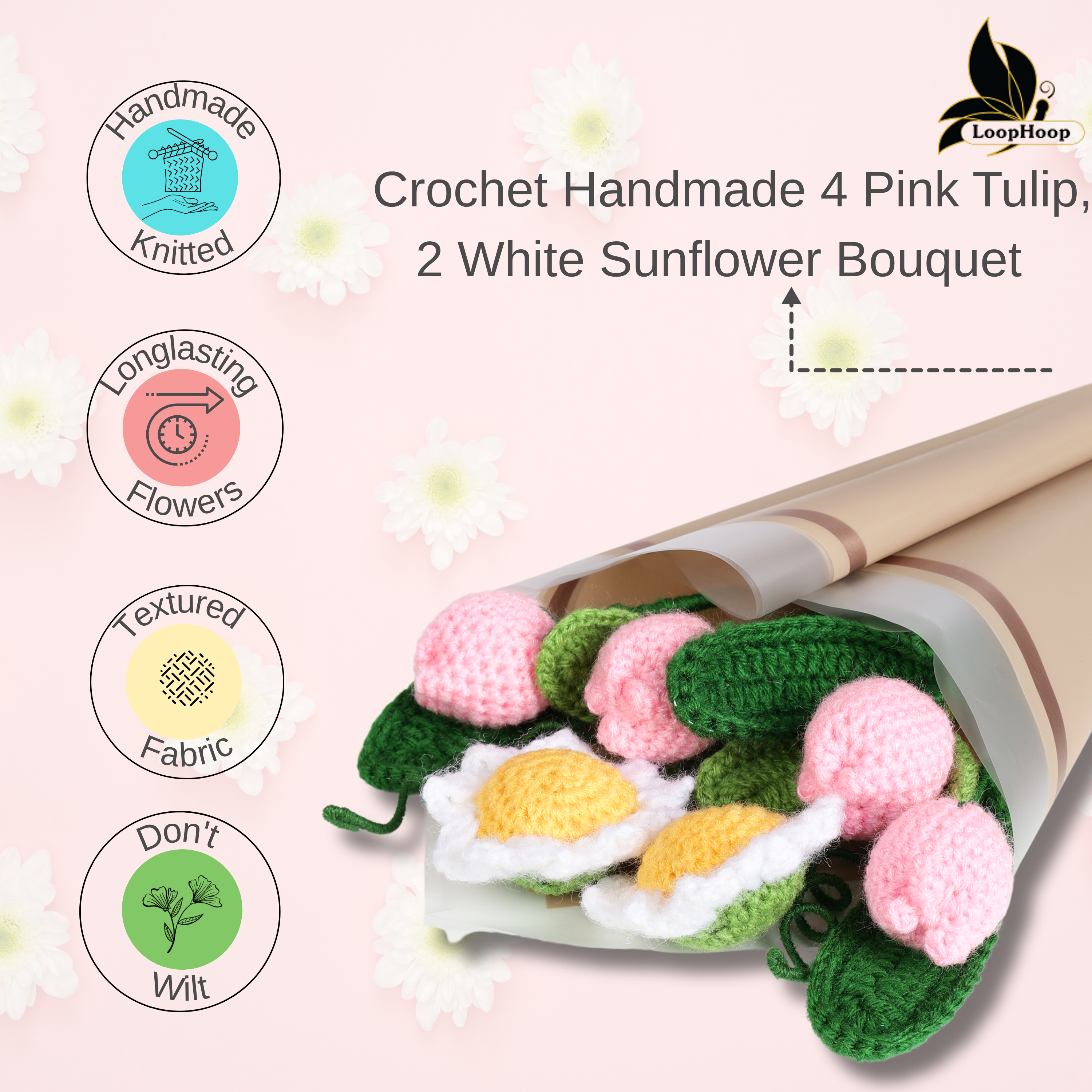 Crochet Handmade Pink Tulip And White Sunflower Bouquet- 6 steam