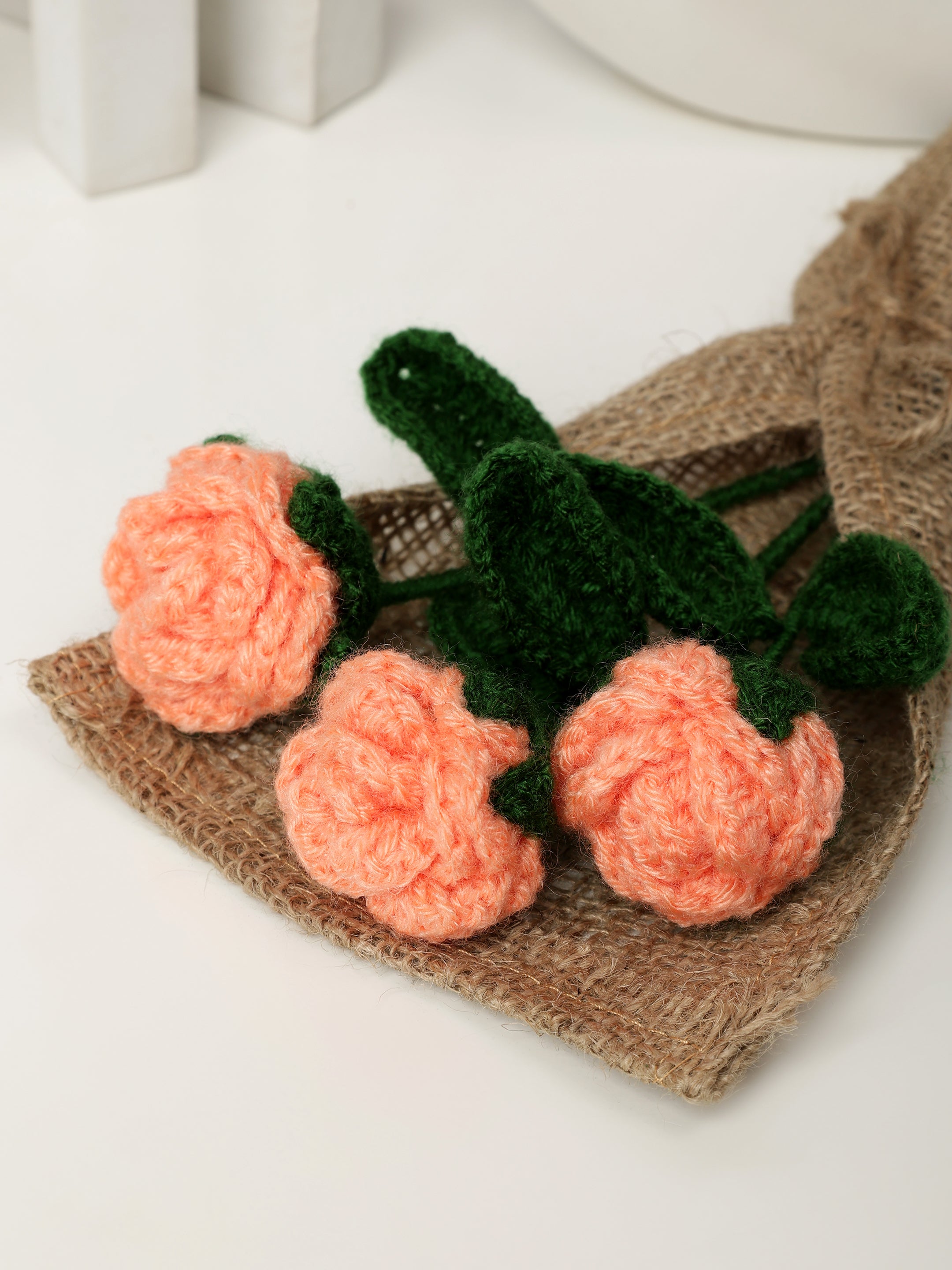 Crochet Handmade Peach Rose Bouquet- 3 steam
