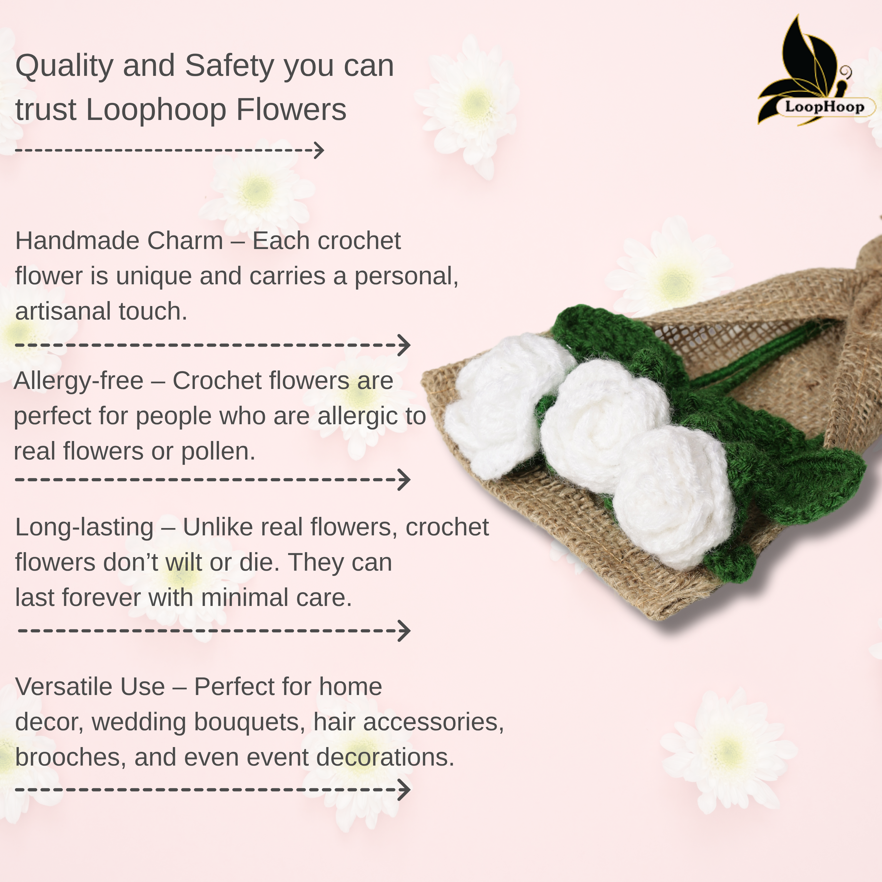 Crochet Handmade White Rose Bouquet- 3 steam