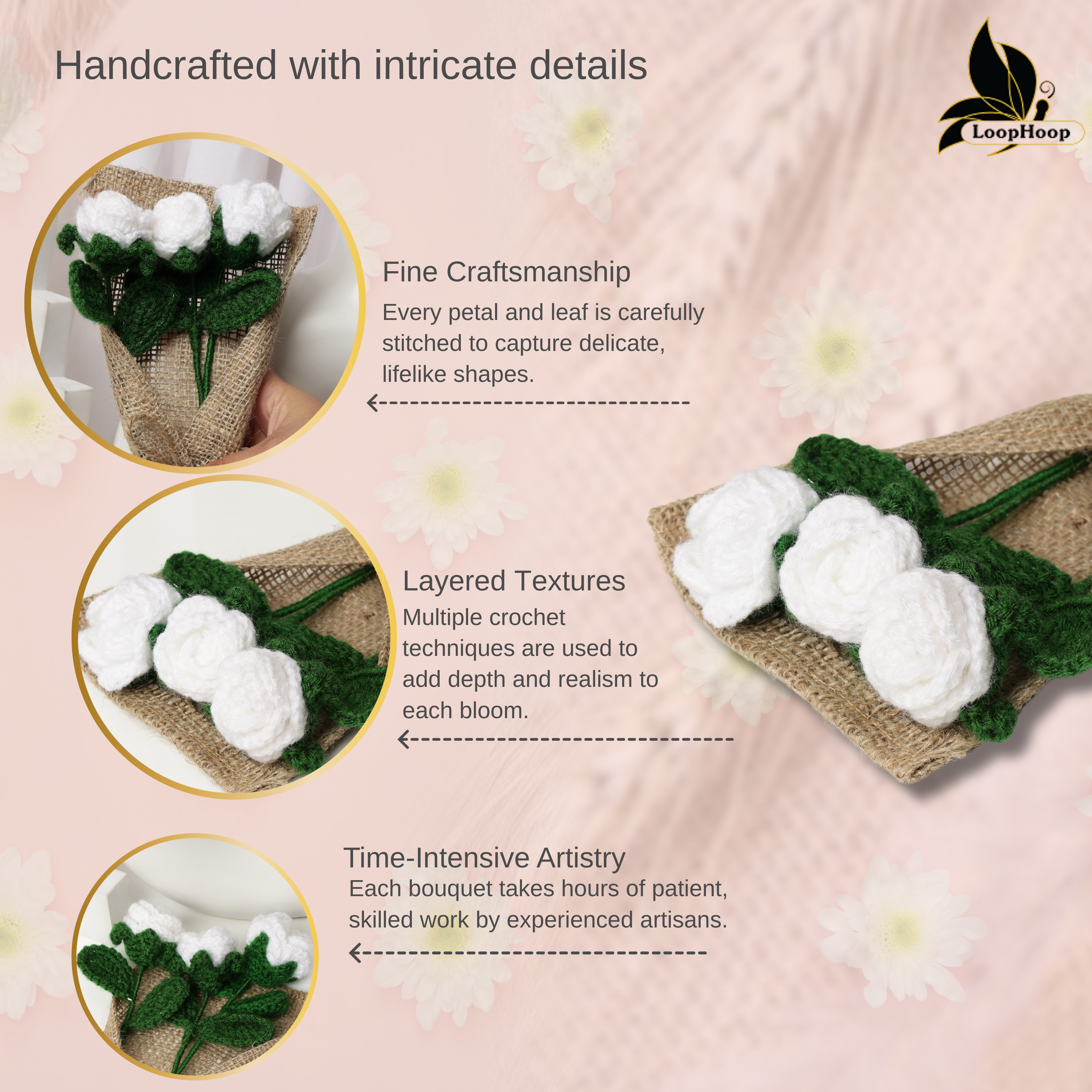 Crochet Handmade White Rose Bouquet- 3 steam