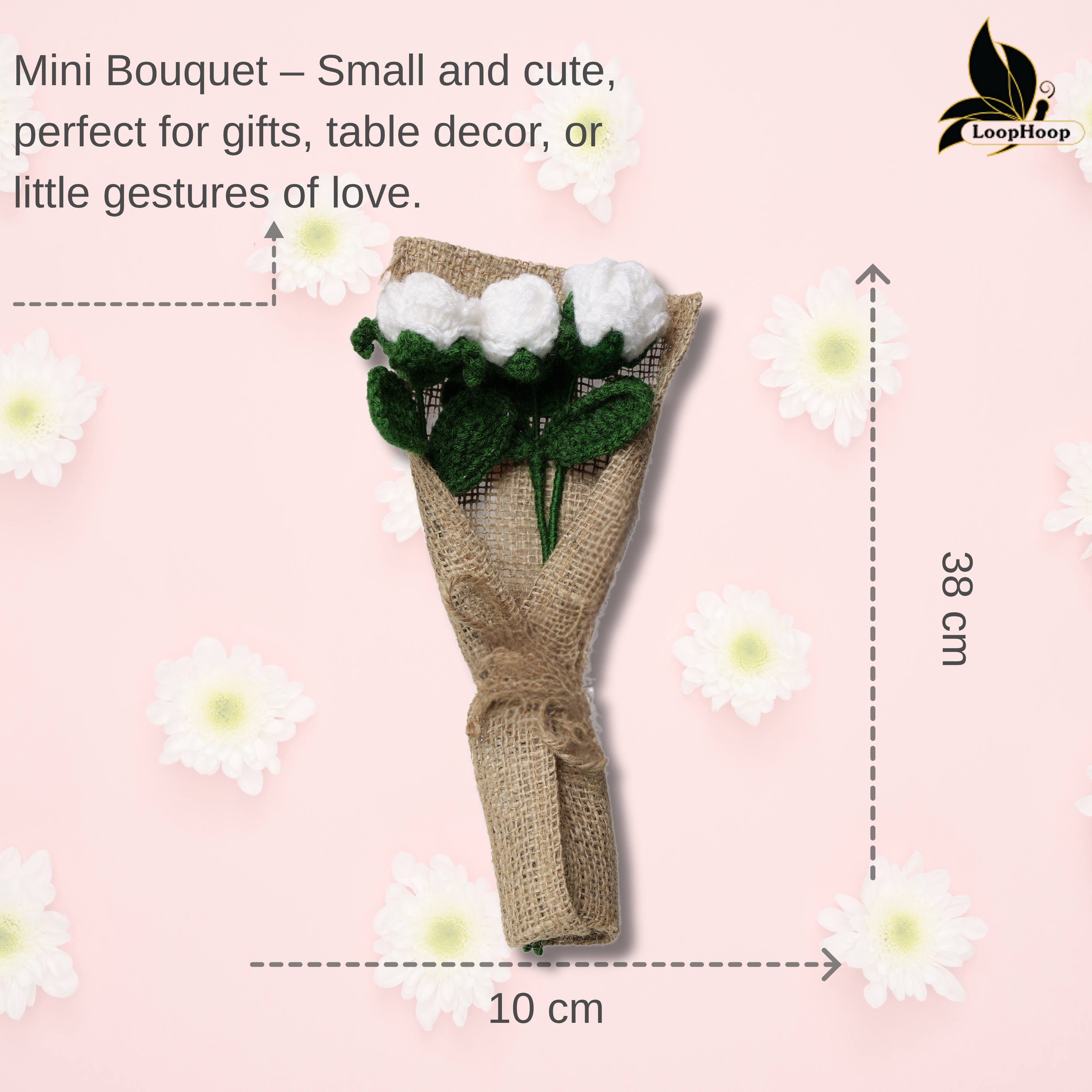 Crochet Handmade White Rose Bouquet- 3 steam